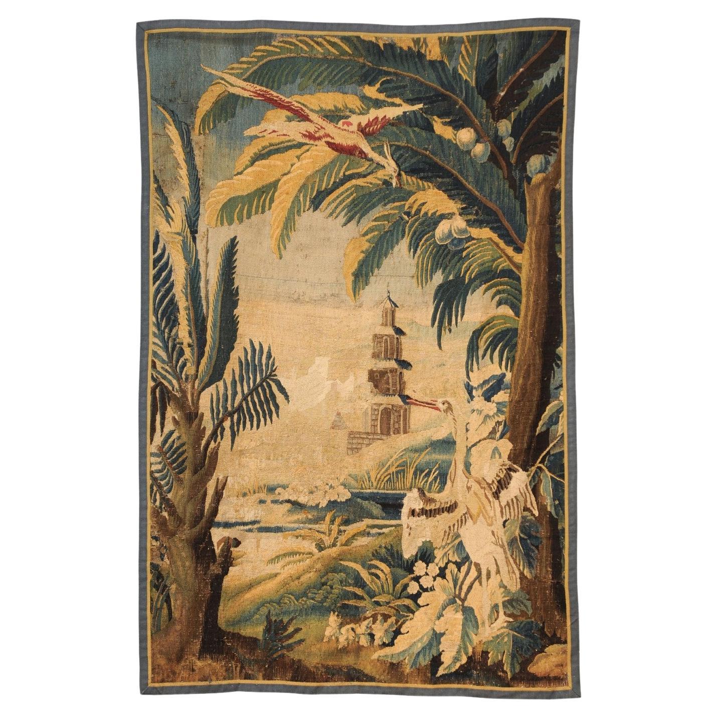 Arazzo Aubusson francese del XVIII secolo con palme e scena di castello in vendita