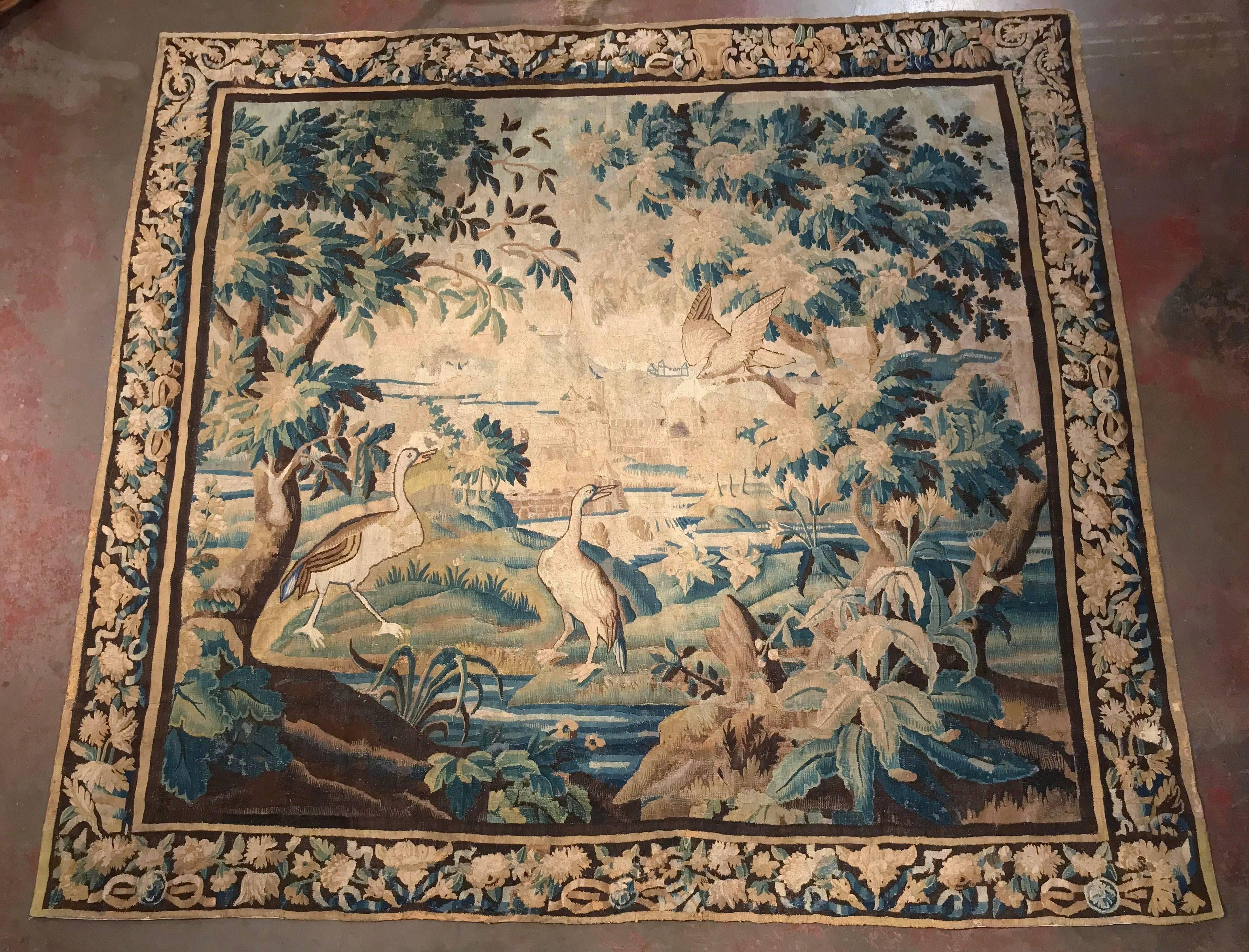 Hand-Woven 18th Century French Aubusson Verdure Tapestry with Birds and Stream