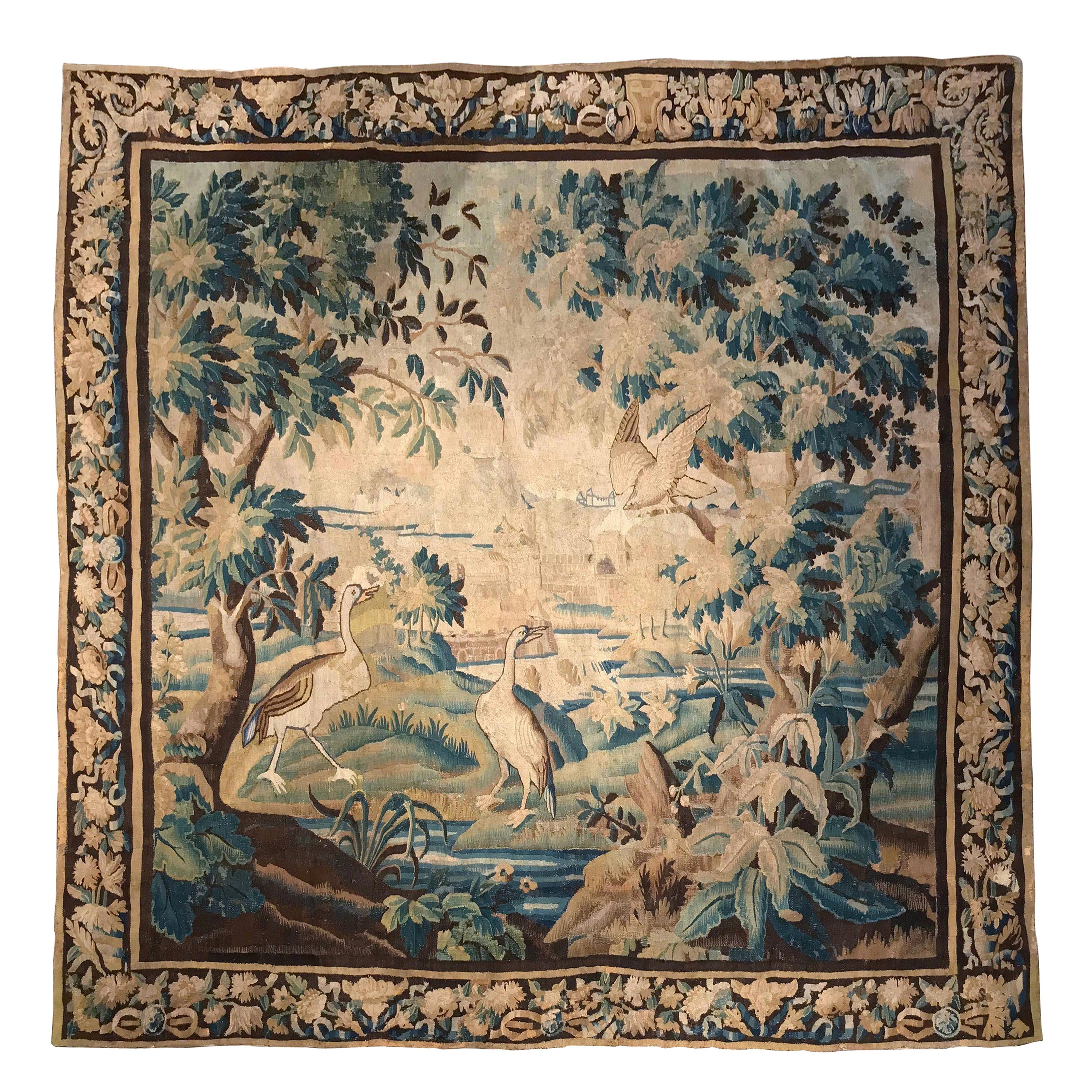 18th Century French Aubusson Verdure Tapestry with Birds and Stream
