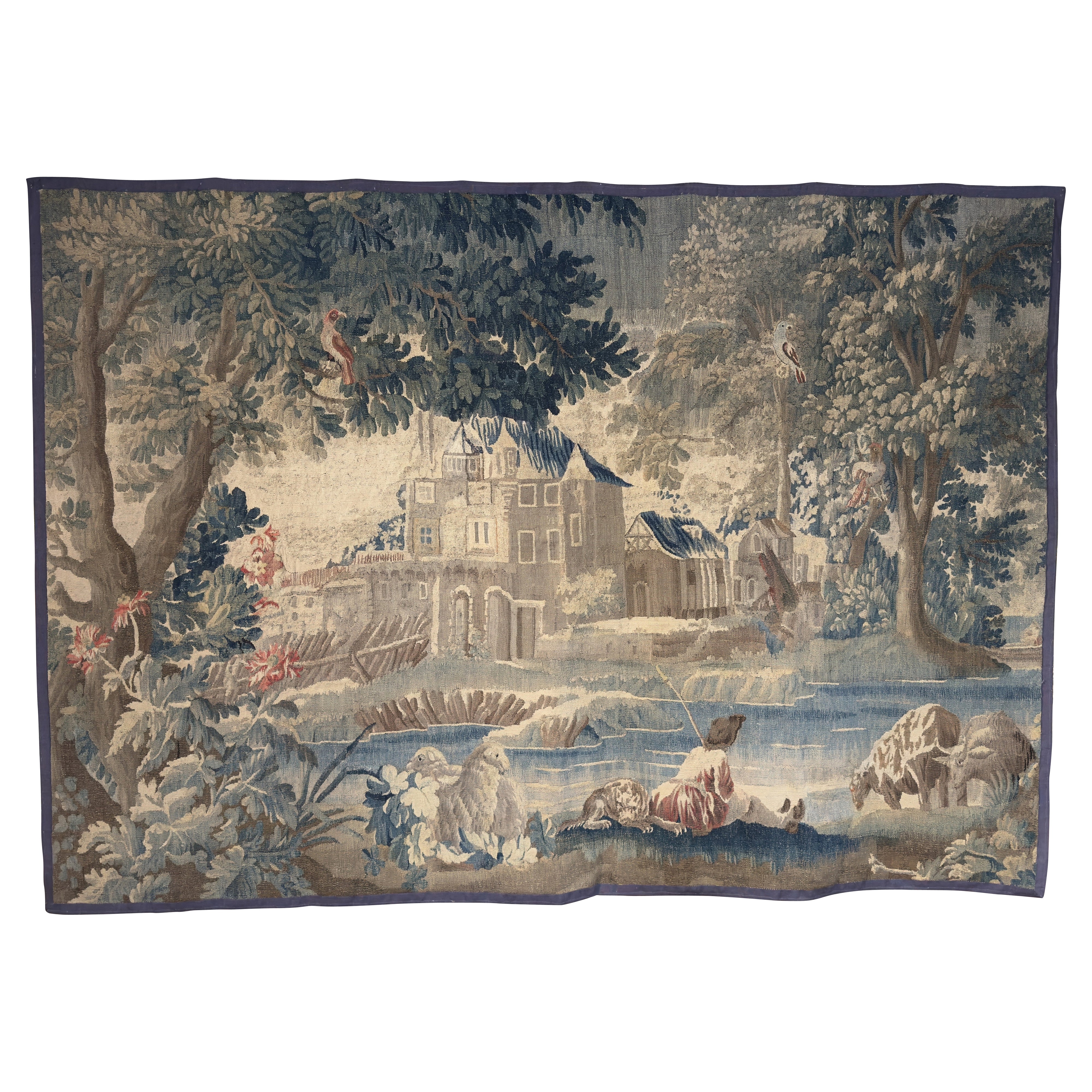Französischer Aubusson-Wandteppich aus dem 18. Jahrhundert mit Pflanzenmotiven und Schlosslandschaft