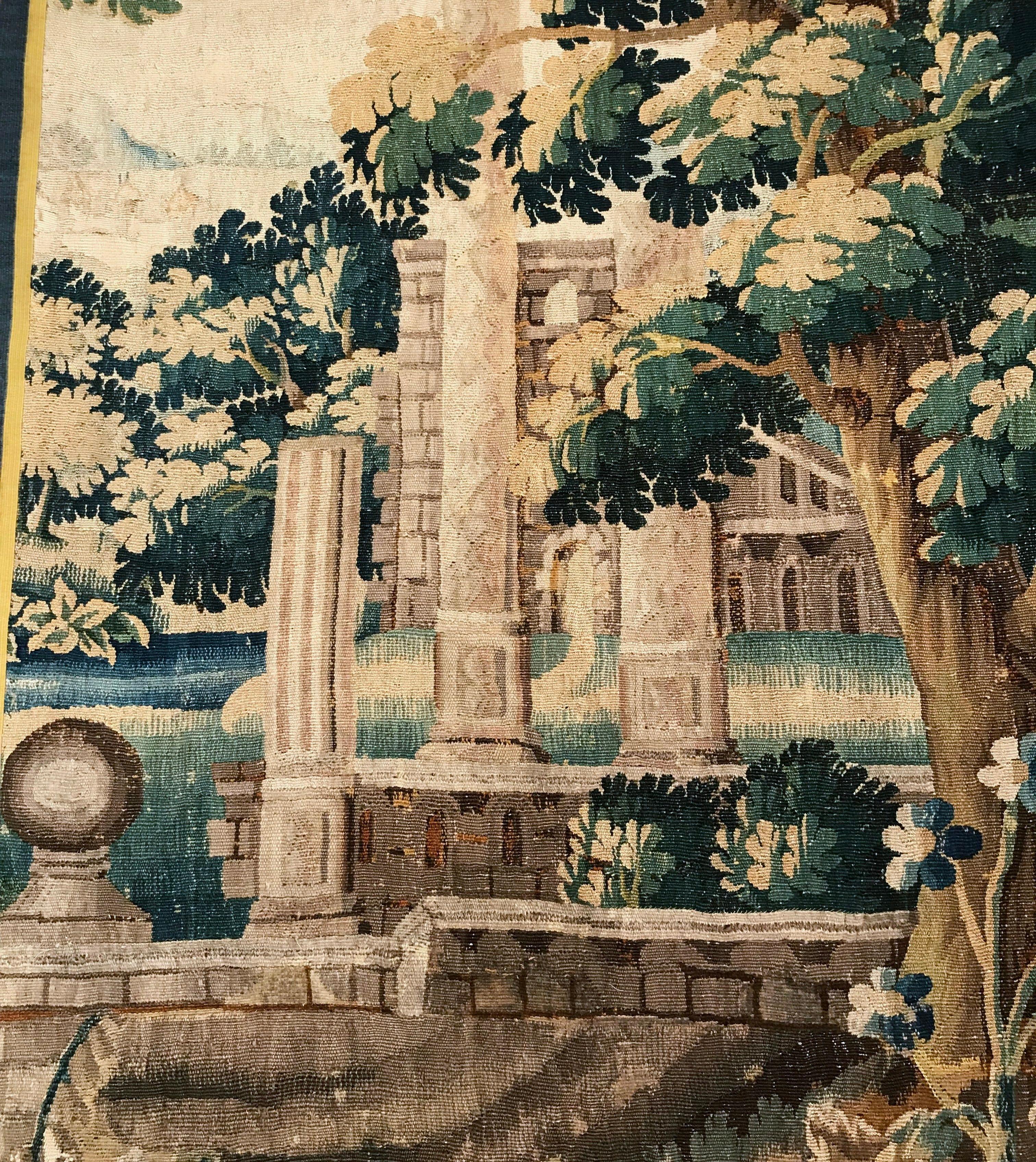 Hand-Woven 18th Century French Aubusson Verdure Tapestry with Roman Ruins Structure
