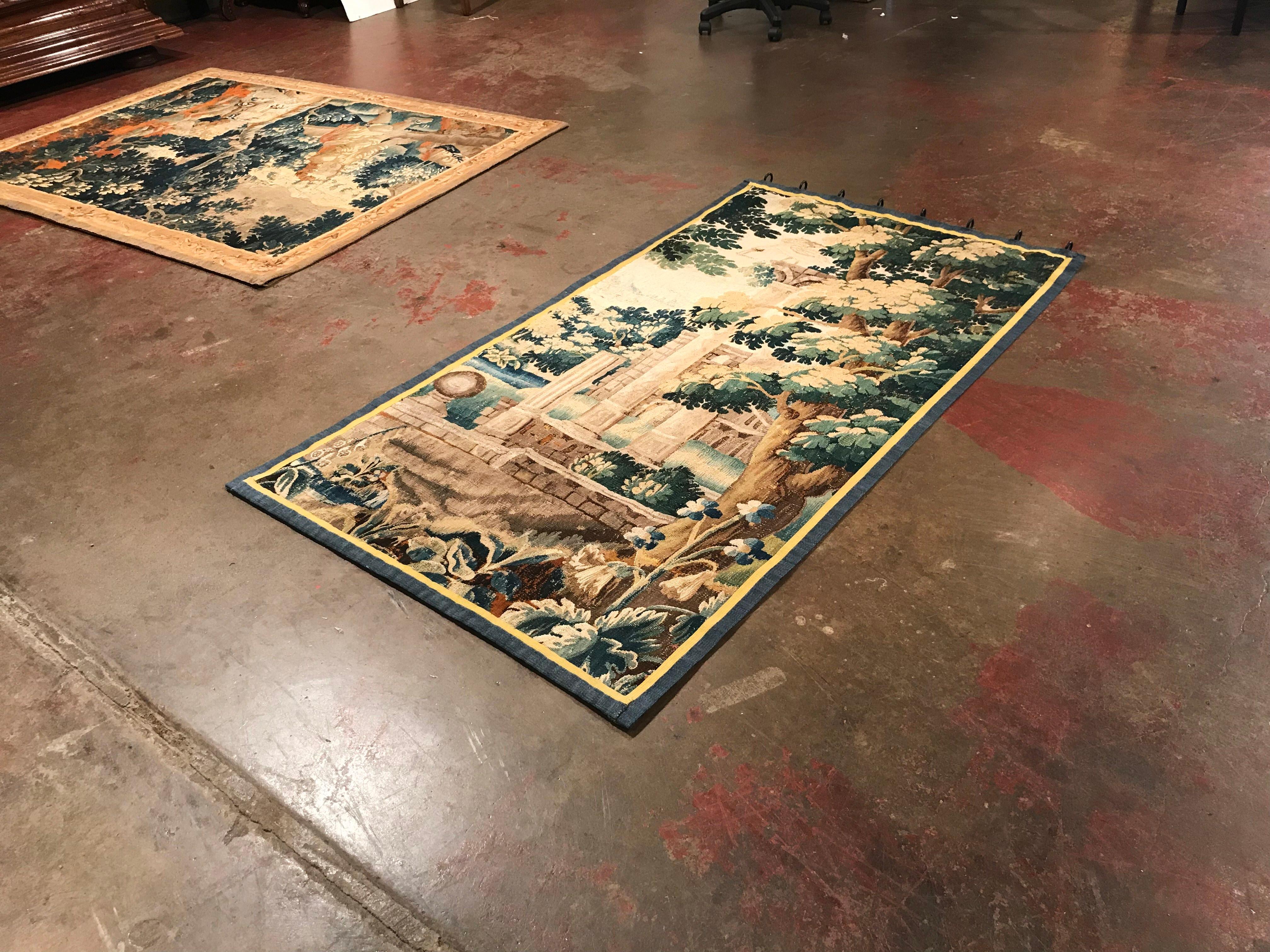 18th Century French Aubusson Verdure Tapestry with Roman Ruins Structure In Excellent Condition In Dallas, TX