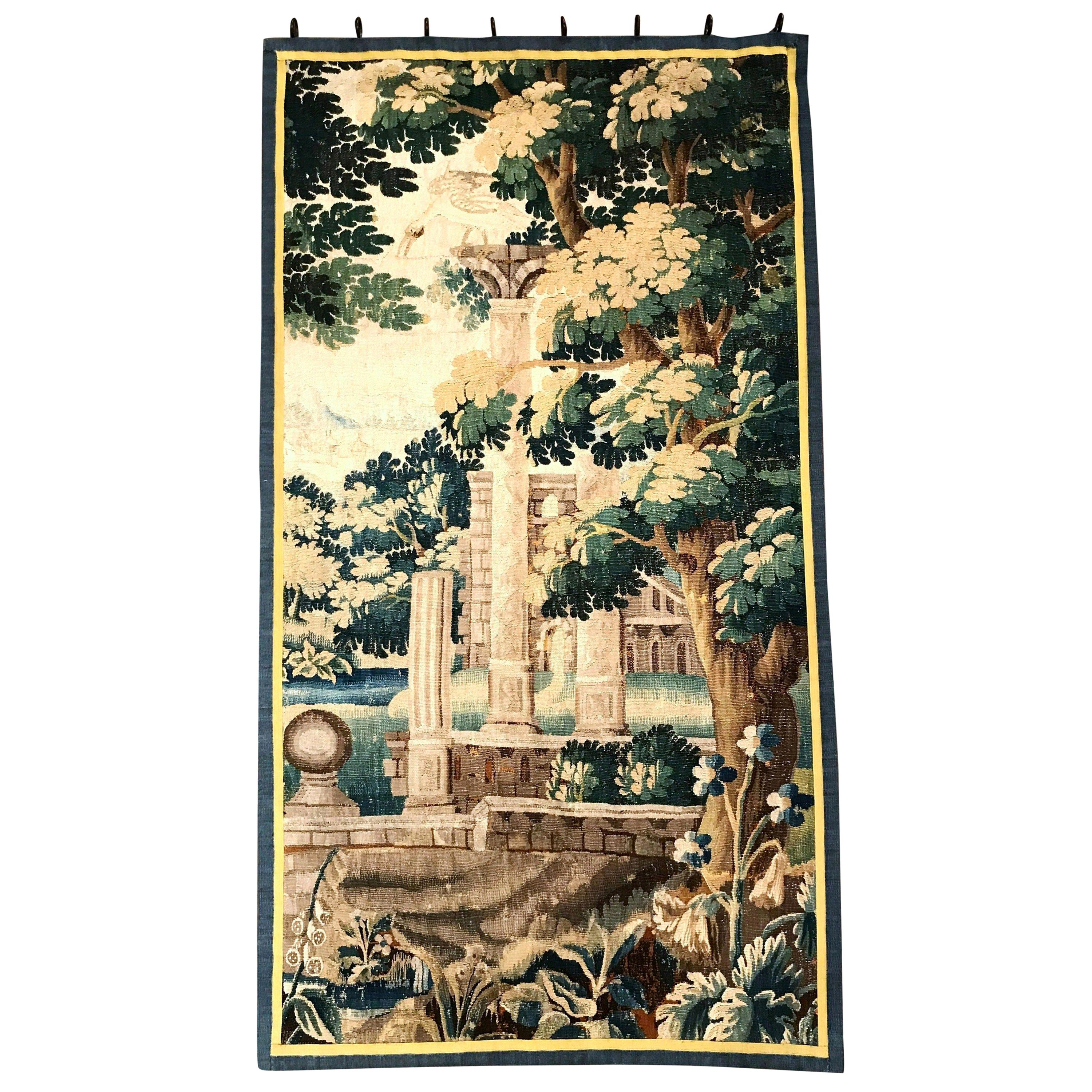18th Century French Aubusson Verdure Tapestry with Roman Ruins Structure