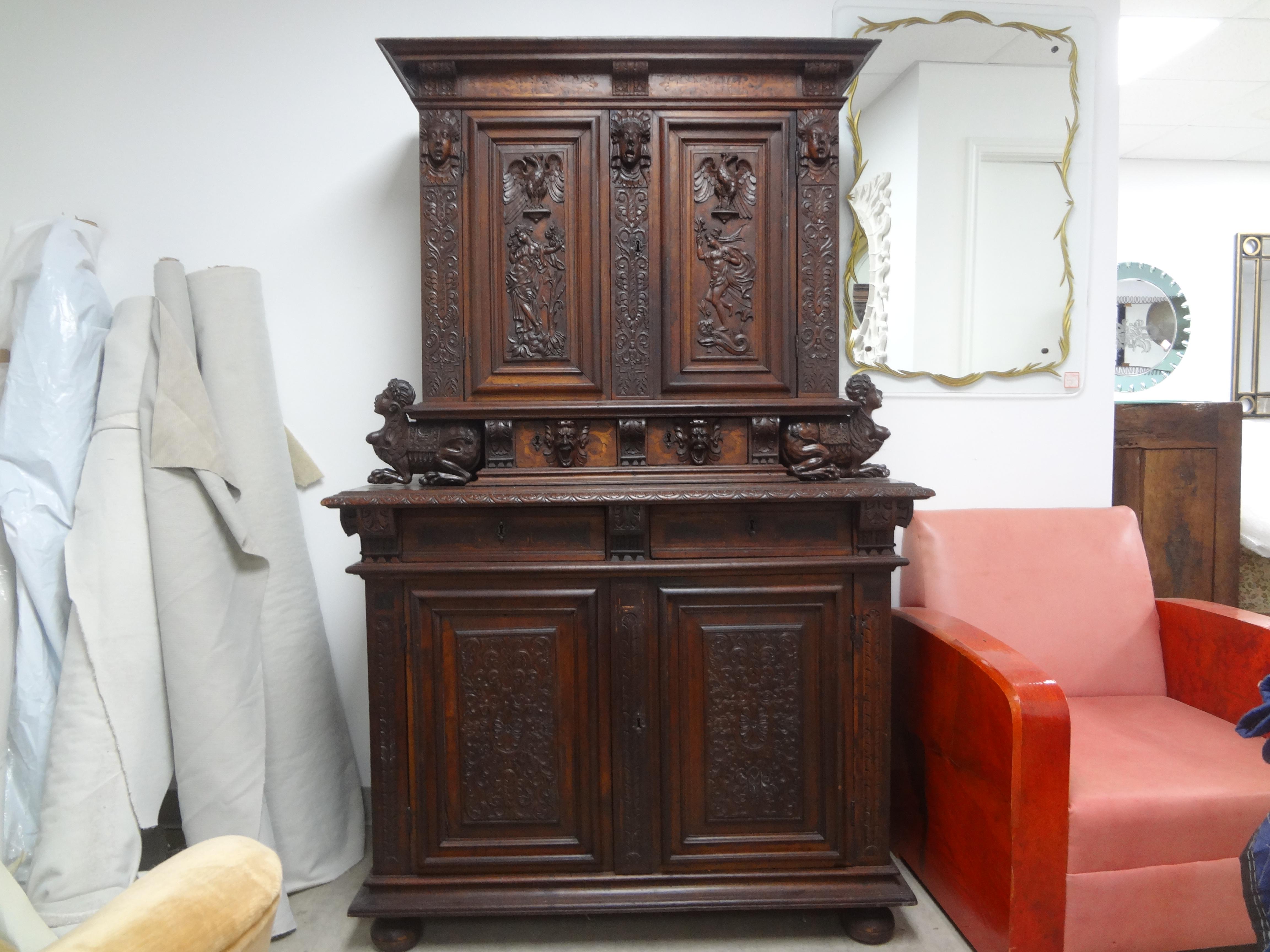 18th Century French Baroque Cabinet Or Deux Corp.
This handsome antique French Baroque cabinet has plenty of storage. with two door above three drawers and two doors below. 
Our versatile French deux corp can be used in many rooms including entrance