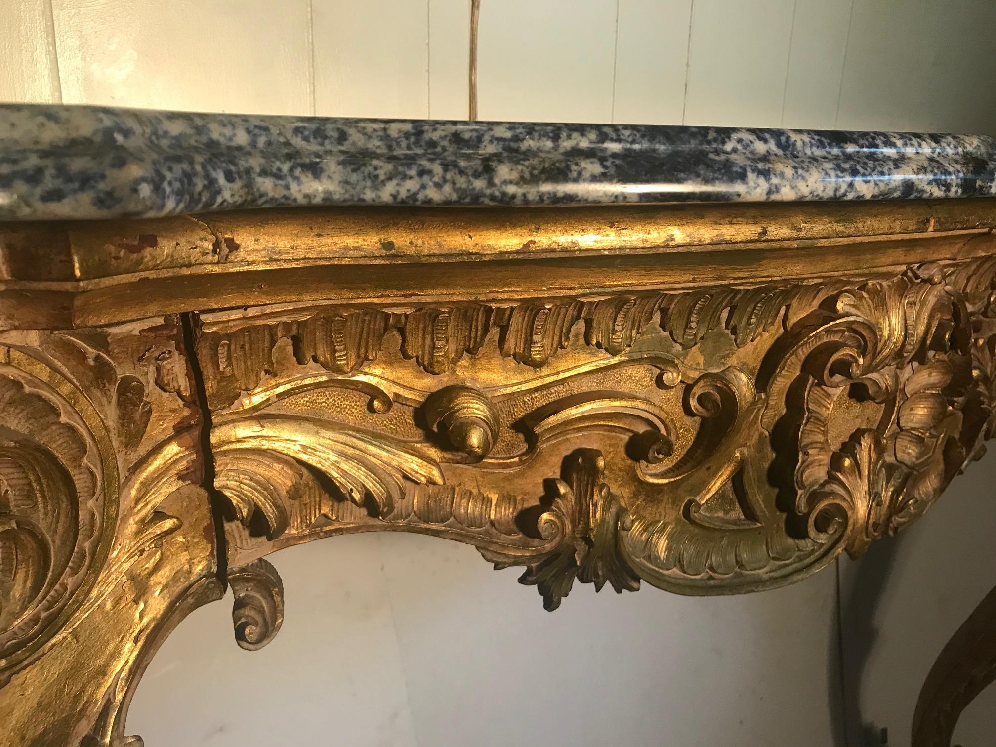 Hand-Carved 18th Century French Baroque Carved Giltwood and Marble Console, circa 1790 For Sale