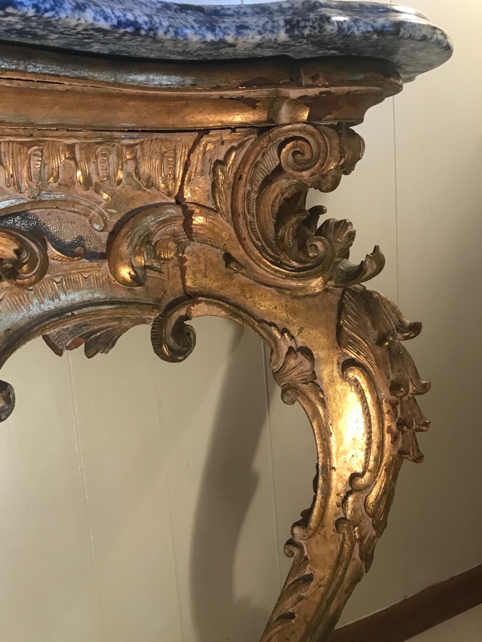 18th Century and Earlier 18th Century French Baroque Carved Giltwood and Marble Console, circa 1790 For Sale