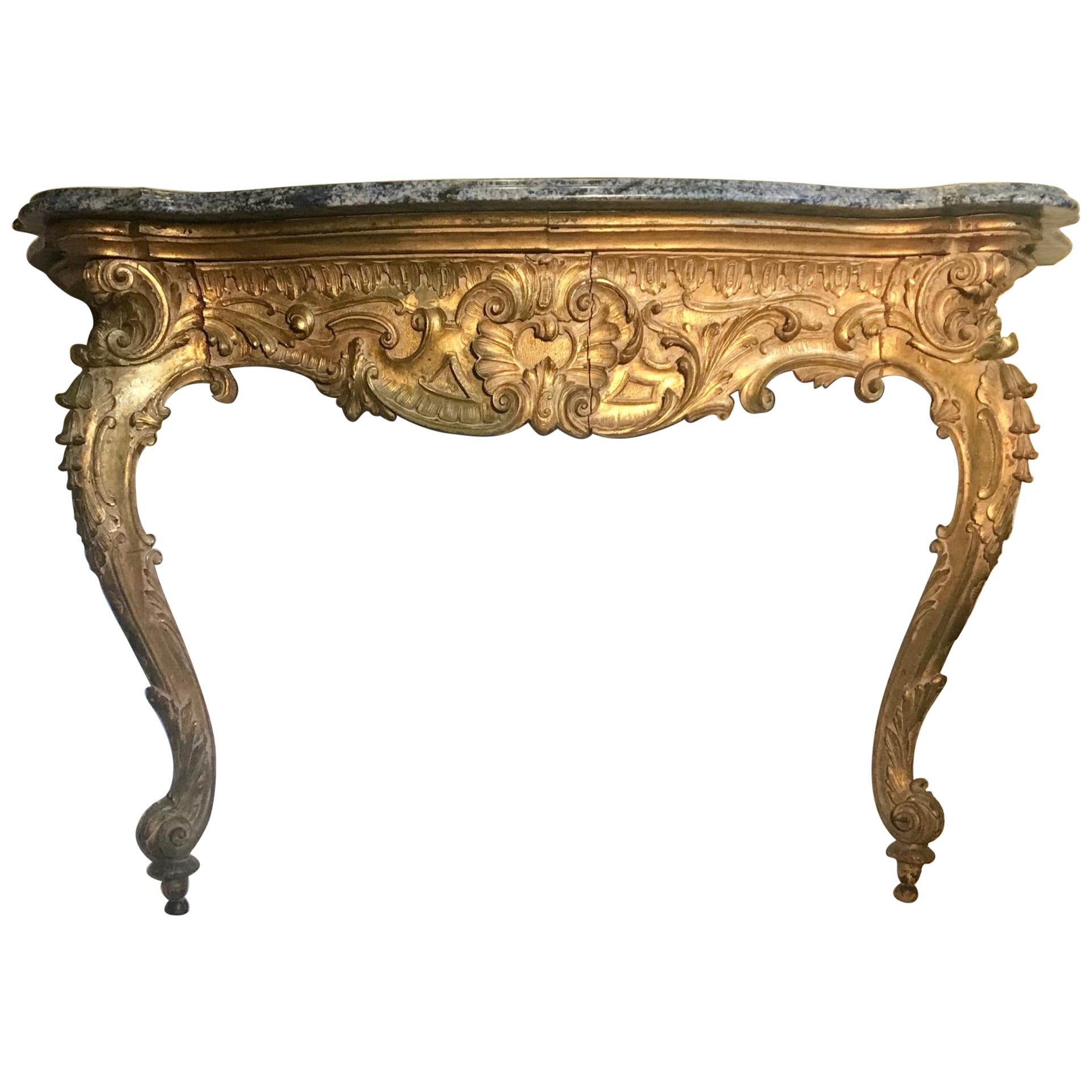 18th Century French Baroque Carved Giltwood and Marble Console, circa 1790 For Sale