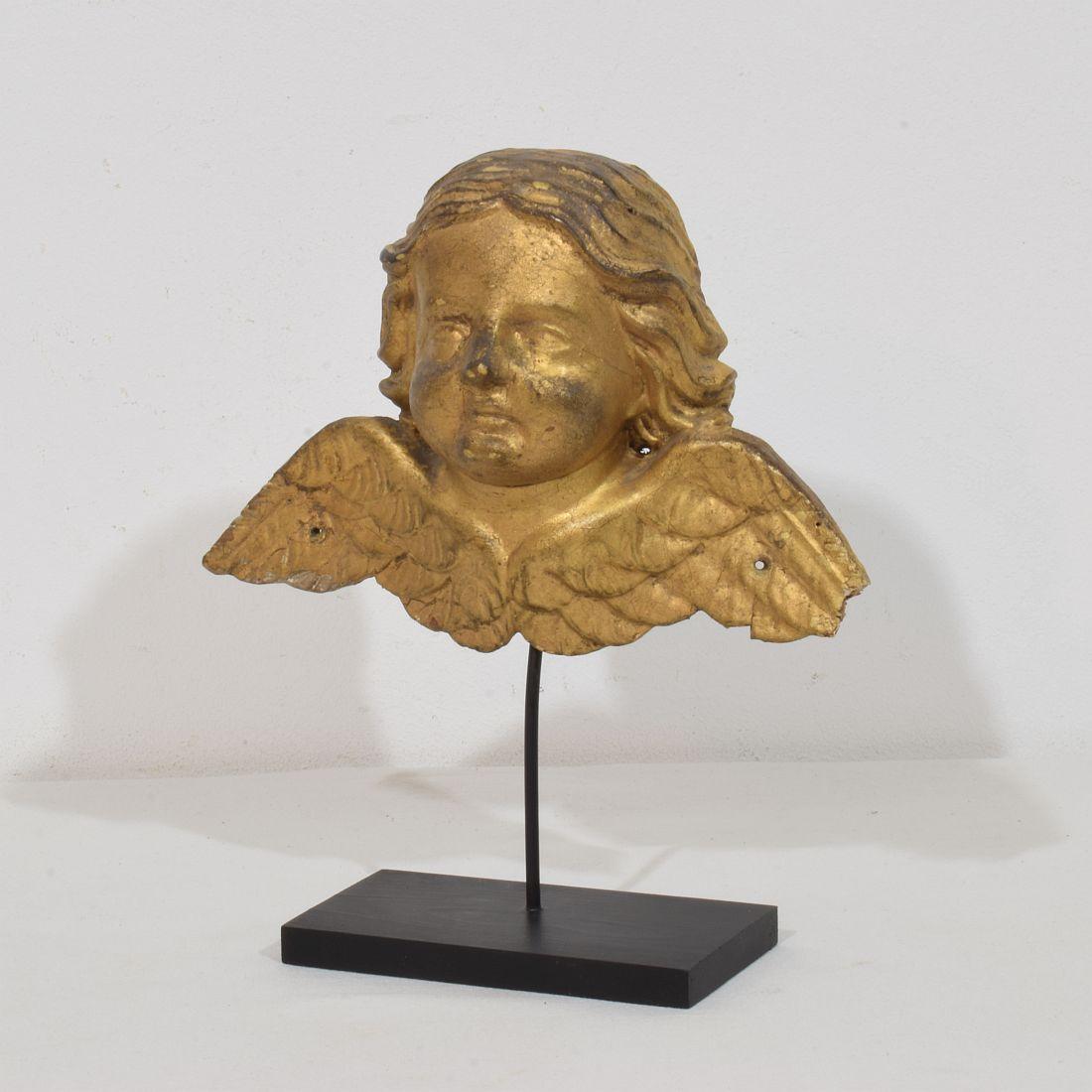 Belle tête d'ange ailée en bois doré,
France, vers 1750
Usures et petites pertes.
Les mesures incluent la base en bois.