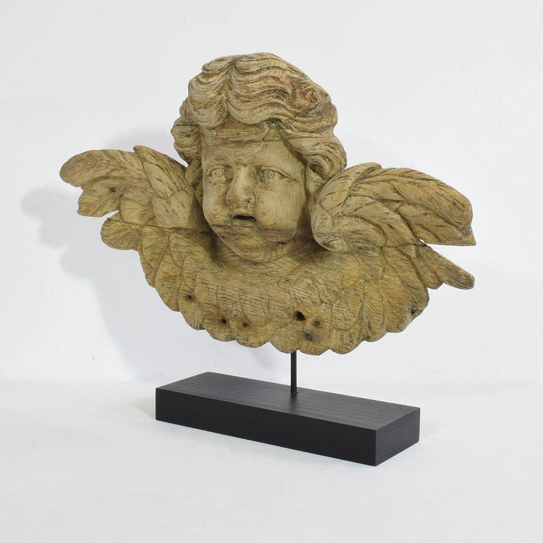 Beautiful weathered oak winged angel head,
France, circa 1750
Weathered, small losses and old repairs
Measurement here below inclusive the wooden base.