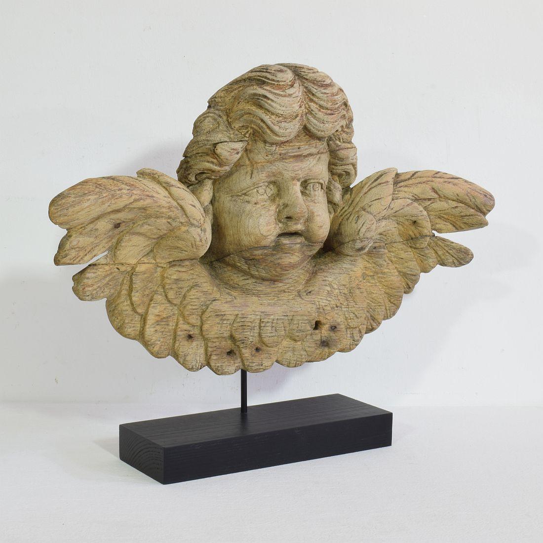 Hand-Carved 18th Century French Baroque Carved Oak Angel Head on a Wing