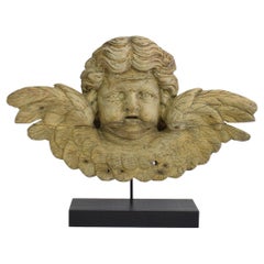 18th Century French Baroque Carved Oak Angel Head on a Wing