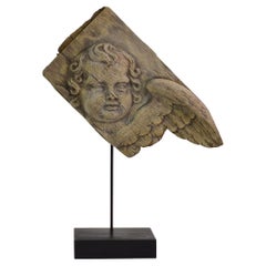 18th Century French Baroque Carved Oak Angel Head on a Wing