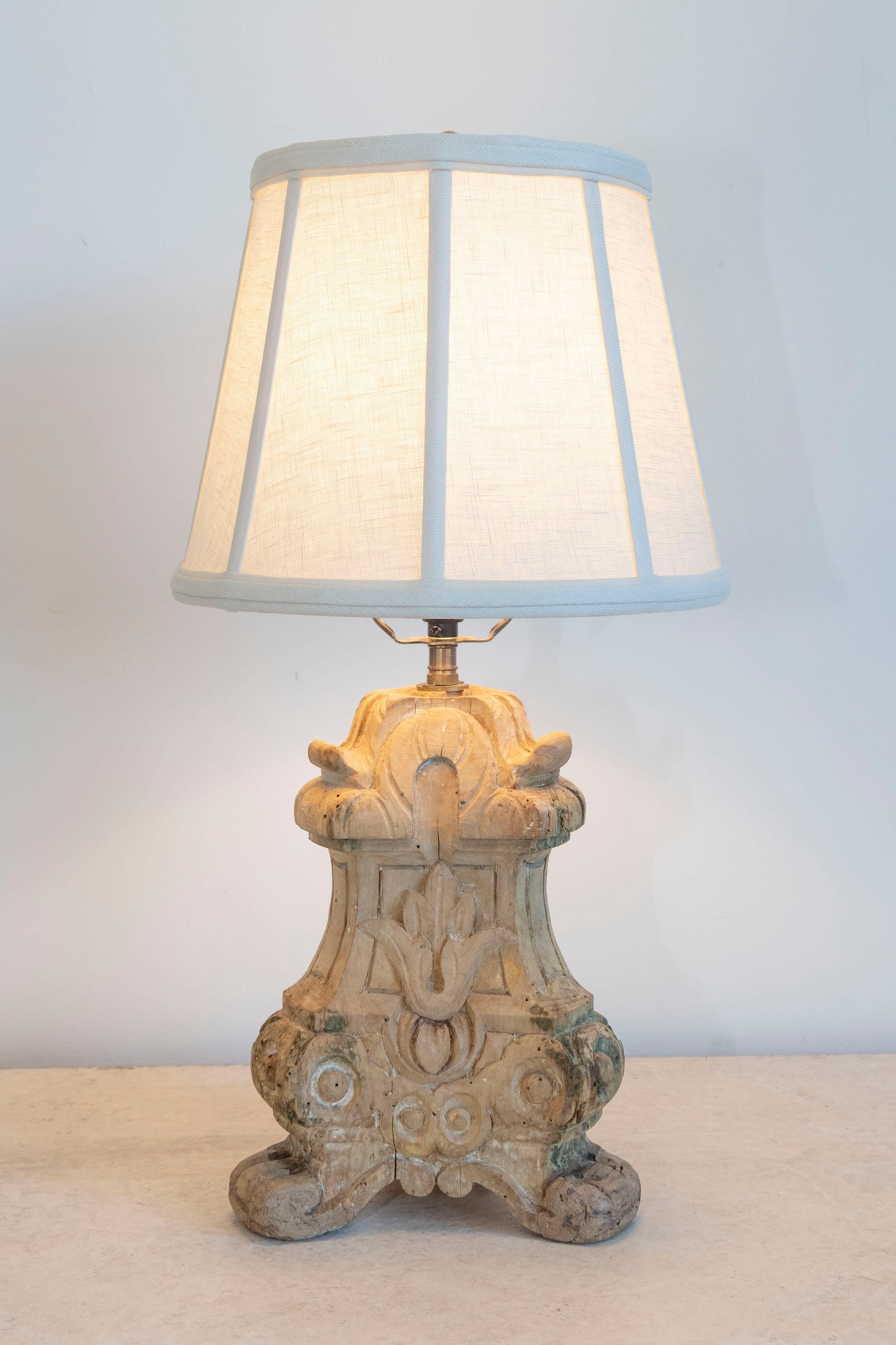 French Provincial 18th-Century French Baroque Carved Wood Altar Candlestick Lamp For Sale