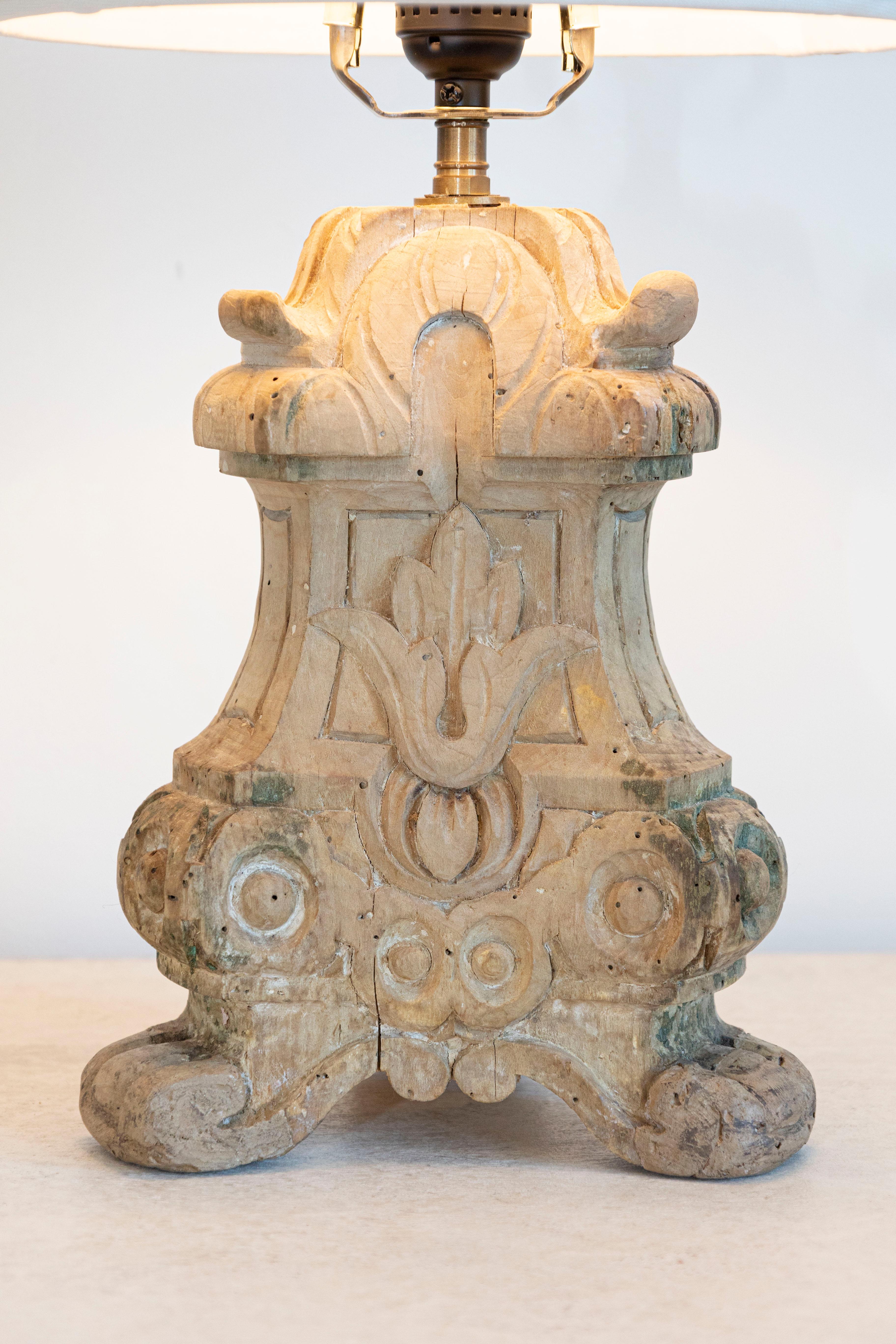 Hand-Carved 18th-Century French Baroque Carved Wood Altar Candlestick Lamp For Sale
