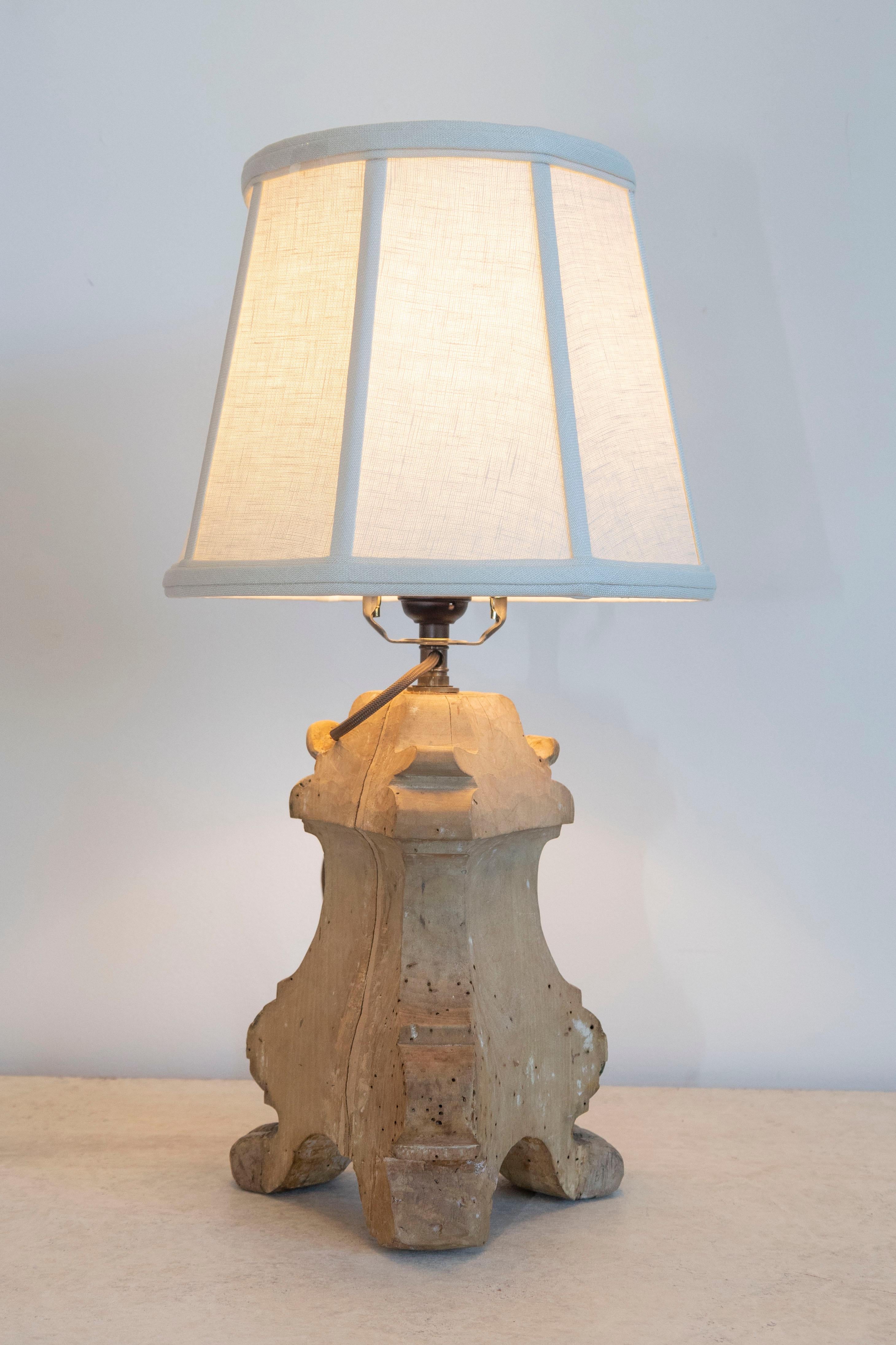 Walnut 18th-Century French Baroque Carved Wood Altar Candlestick Lamp For Sale