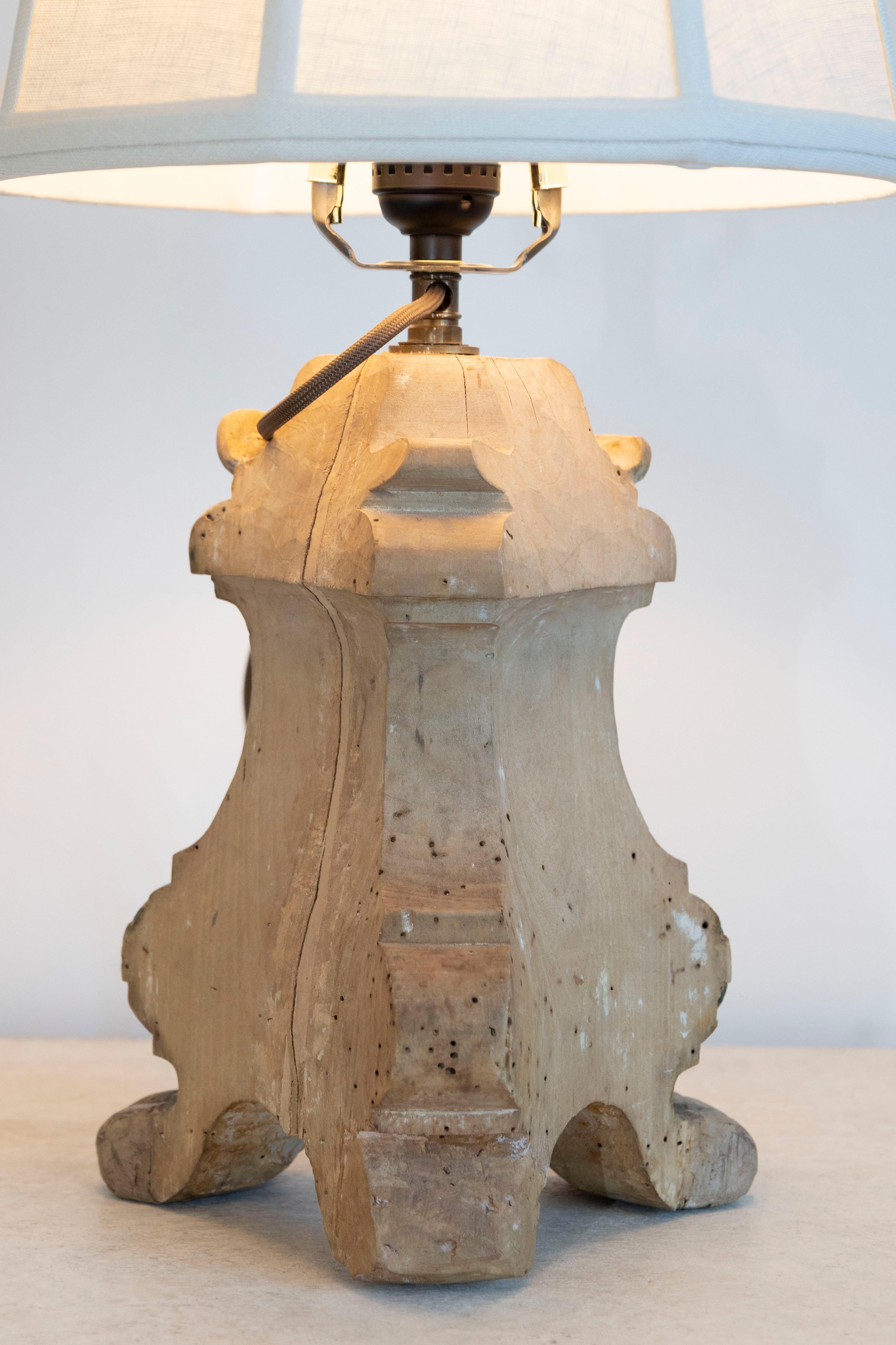18th-Century French Baroque Carved Wood Altar Candlestick Lamp For Sale 1