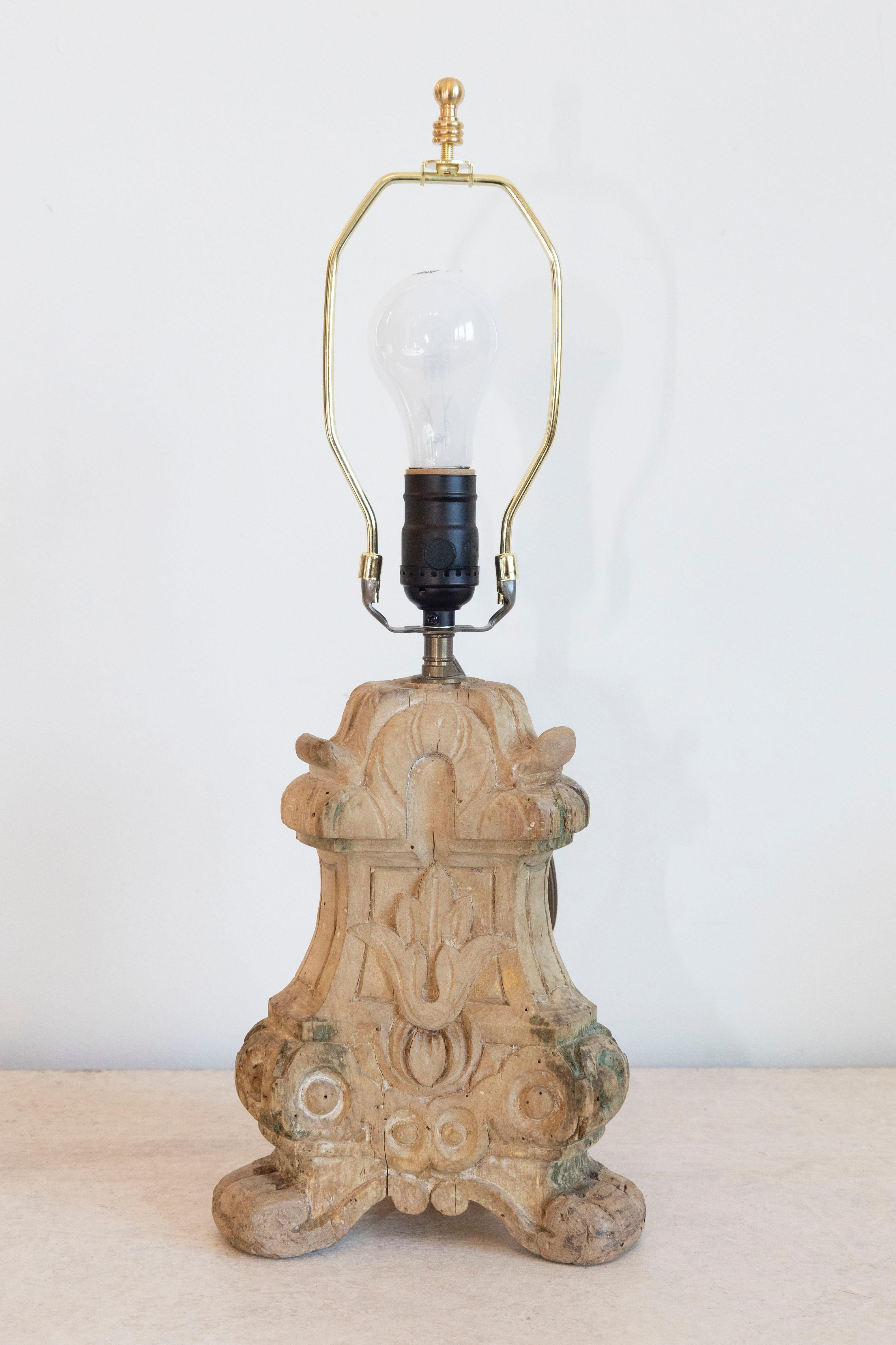 18th-Century French Baroque Carved Wood Altar Candlestick Lamp For Sale 2