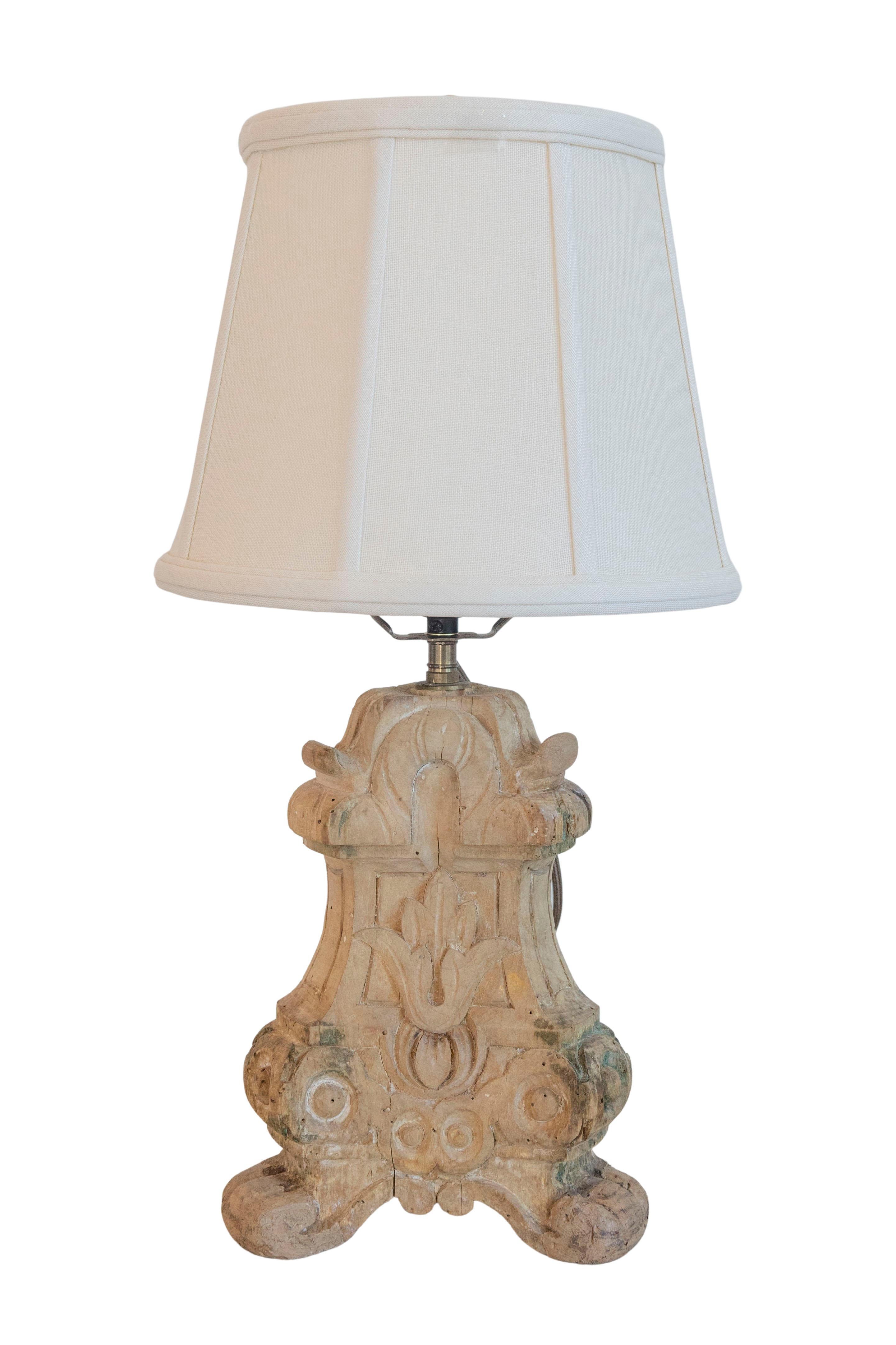 18th-Century French Baroque Carved Wood Altar Candlestick Lamp For Sale