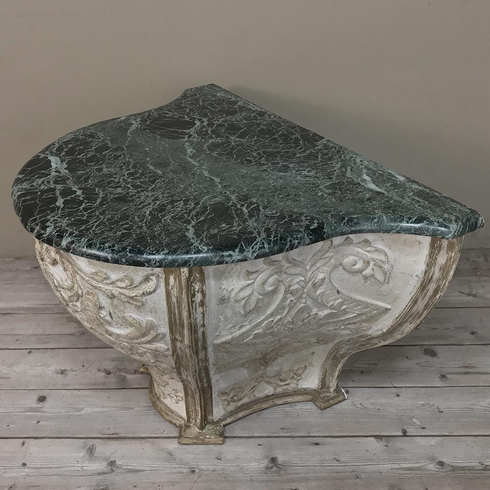 18th Century French Baroque Marble Top Painted Console, Pedestal For Sale 5