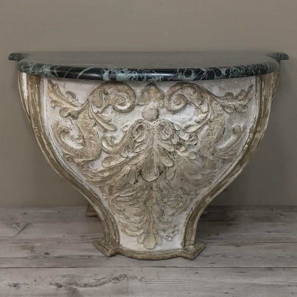 18th Century French Baroque Marble Top Painted Console, Pedestal For Sale 6