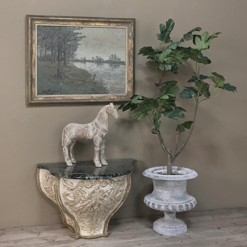 18th Century French Baroque marble top painted console ~ Pedestal is a study in wood sculpture that would be the envy of any talented craftsman! Graceful wine goblet shape is reminiscent of the sterns of the great sailing ships of yesteryear, with