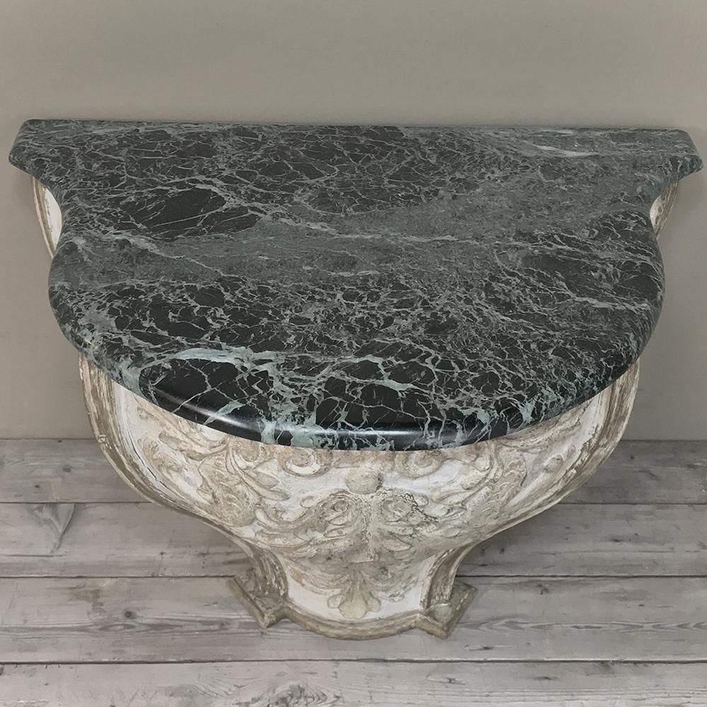 Hand-Carved 18th Century French Baroque Marble Top Painted Console, Pedestal For Sale