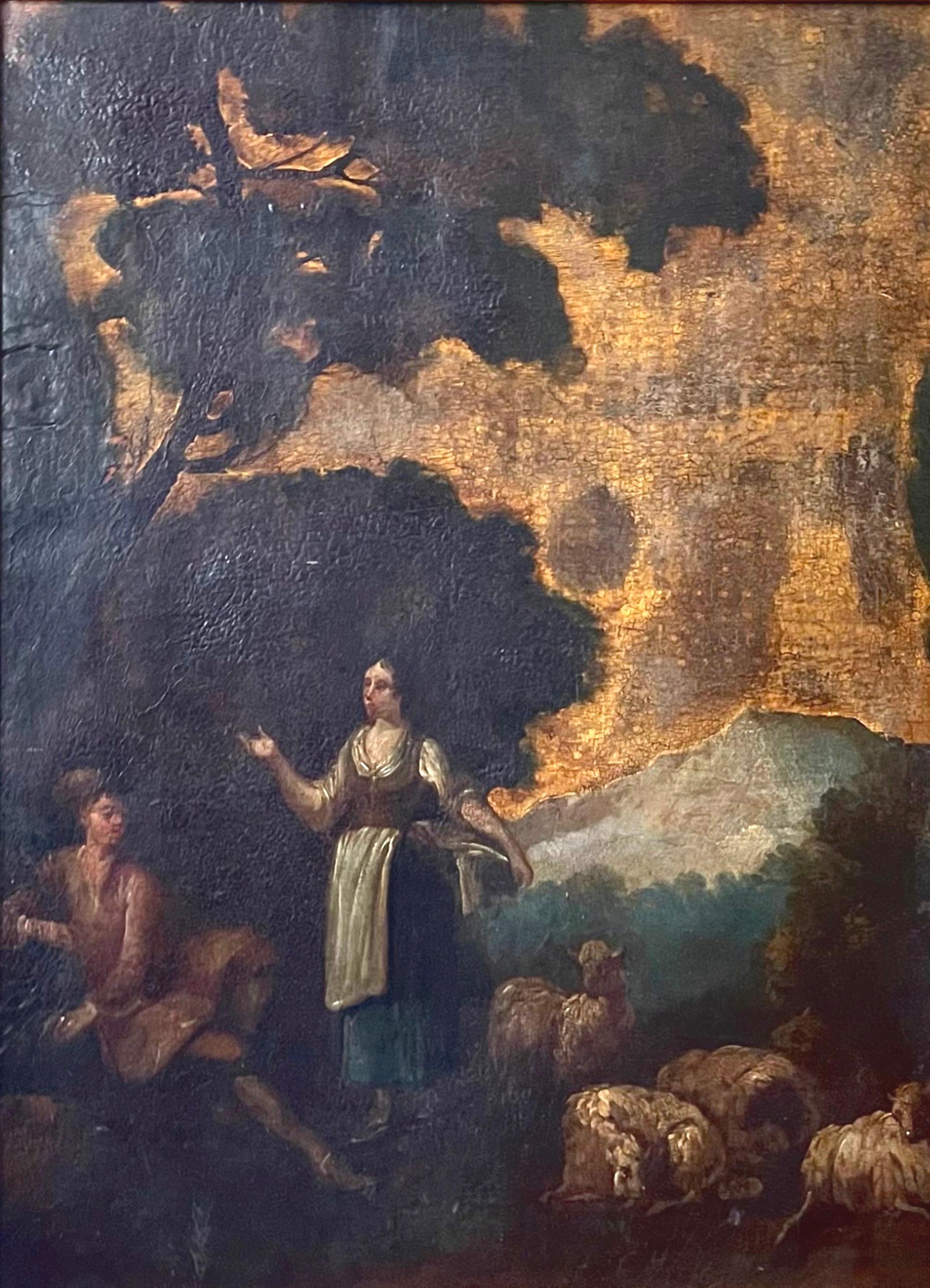 18th century French Baroque Old Master painting oil on leather.

Old Master painting, French Baroque period 18th century oil on leather represents a lush imaginary landscape in rich, deep colors with intense light and dark shadows. A shepherdess