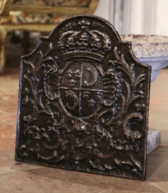 18th Century French Black Iron Fireback with Crown, Family Crest and Foliage
