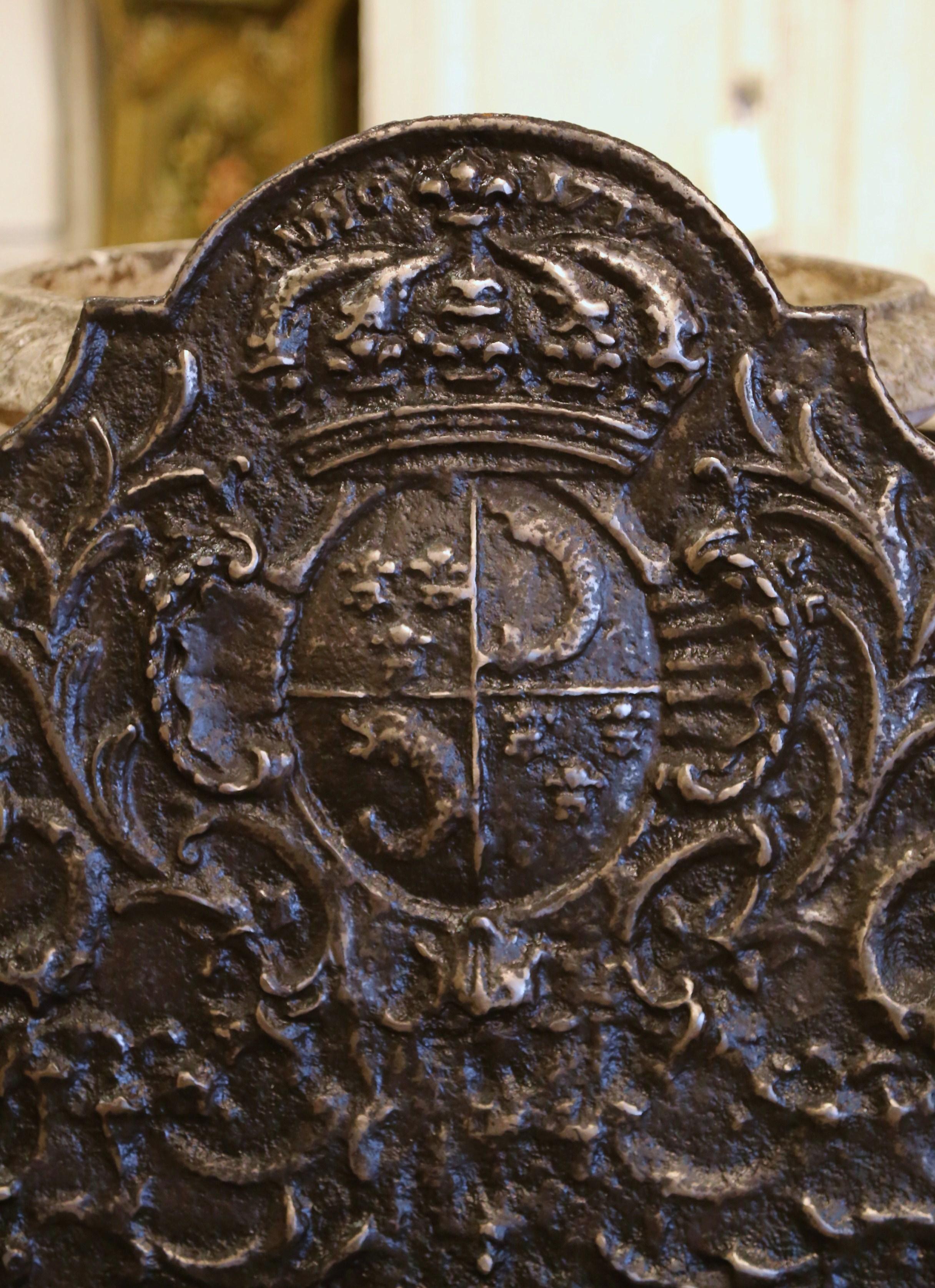 Hand-Crafted 18th Century French Black Iron Fireback with Crown, Family Crest and Foliage