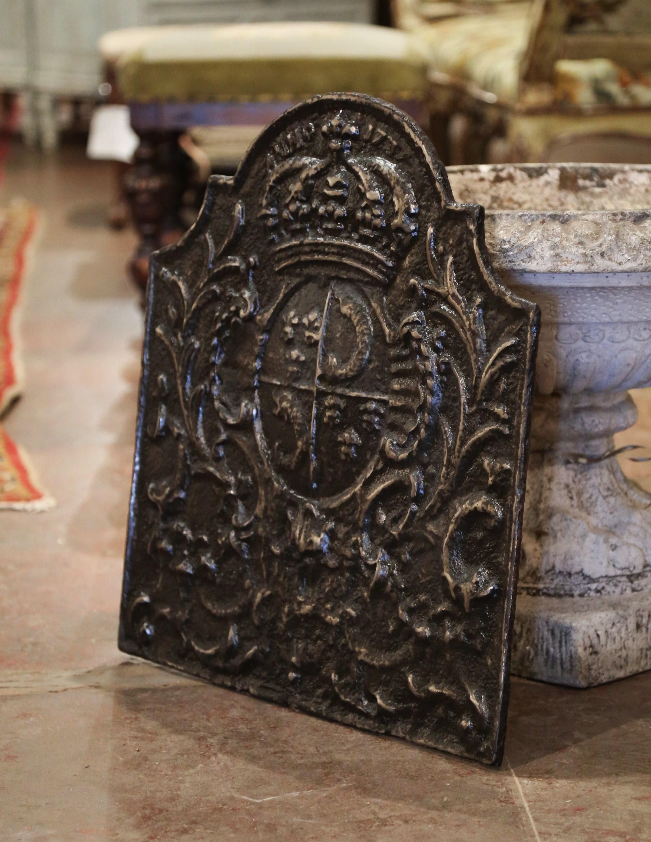 19th Century 18th Century French Black Iron Fireback with Crown, Family Crest and Foliage