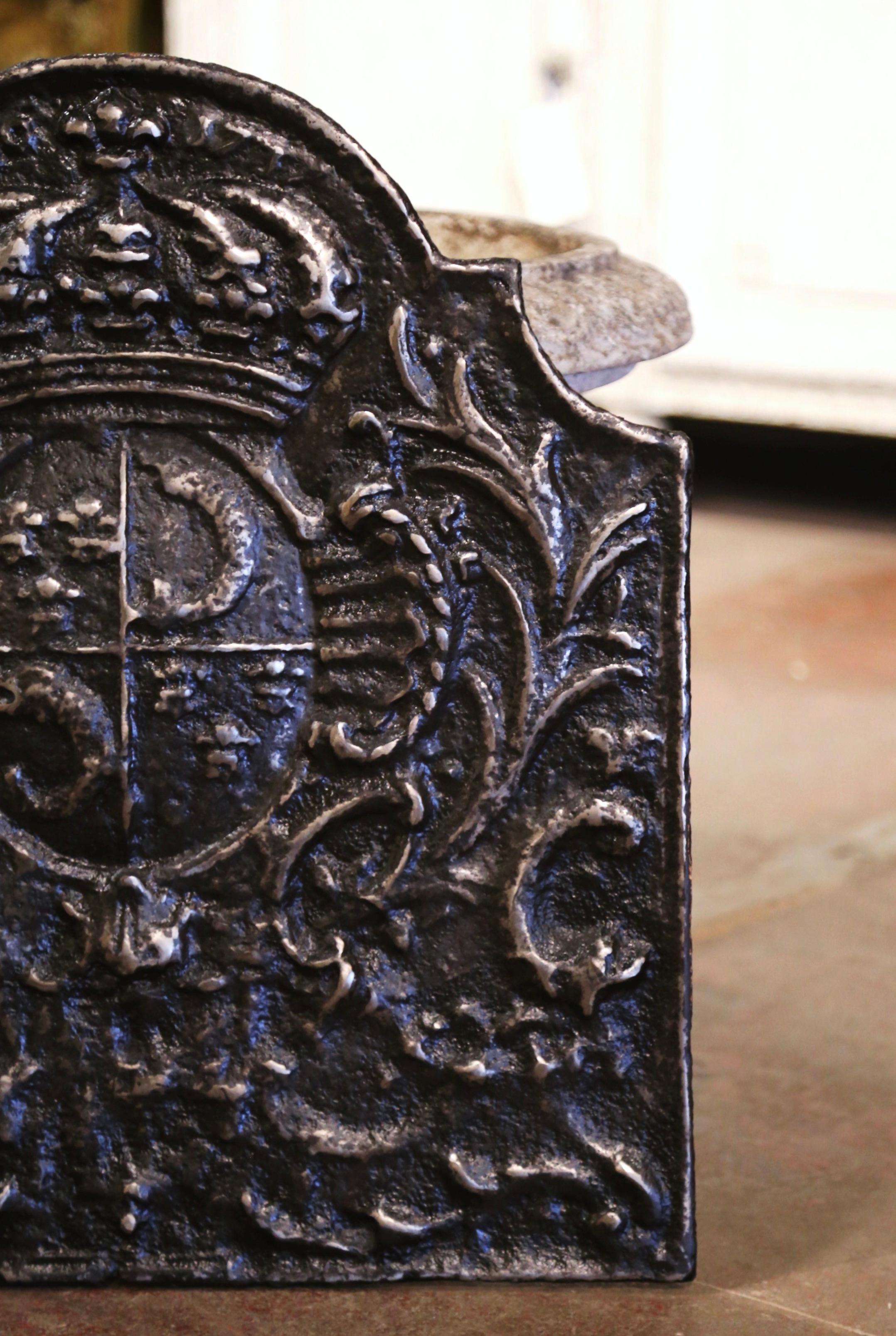 18th Century French Black Iron Fireback with Crown, Family Crest and Foliage 1