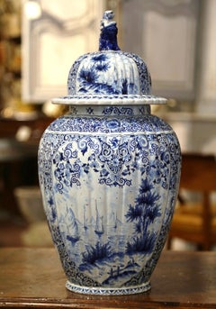18th Century French Blue and White Delft Faience Jar Vase with Lid