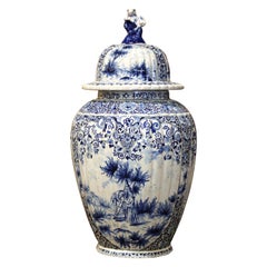 18th Century French Blue and White Delft Faience Jar Vase with Lid