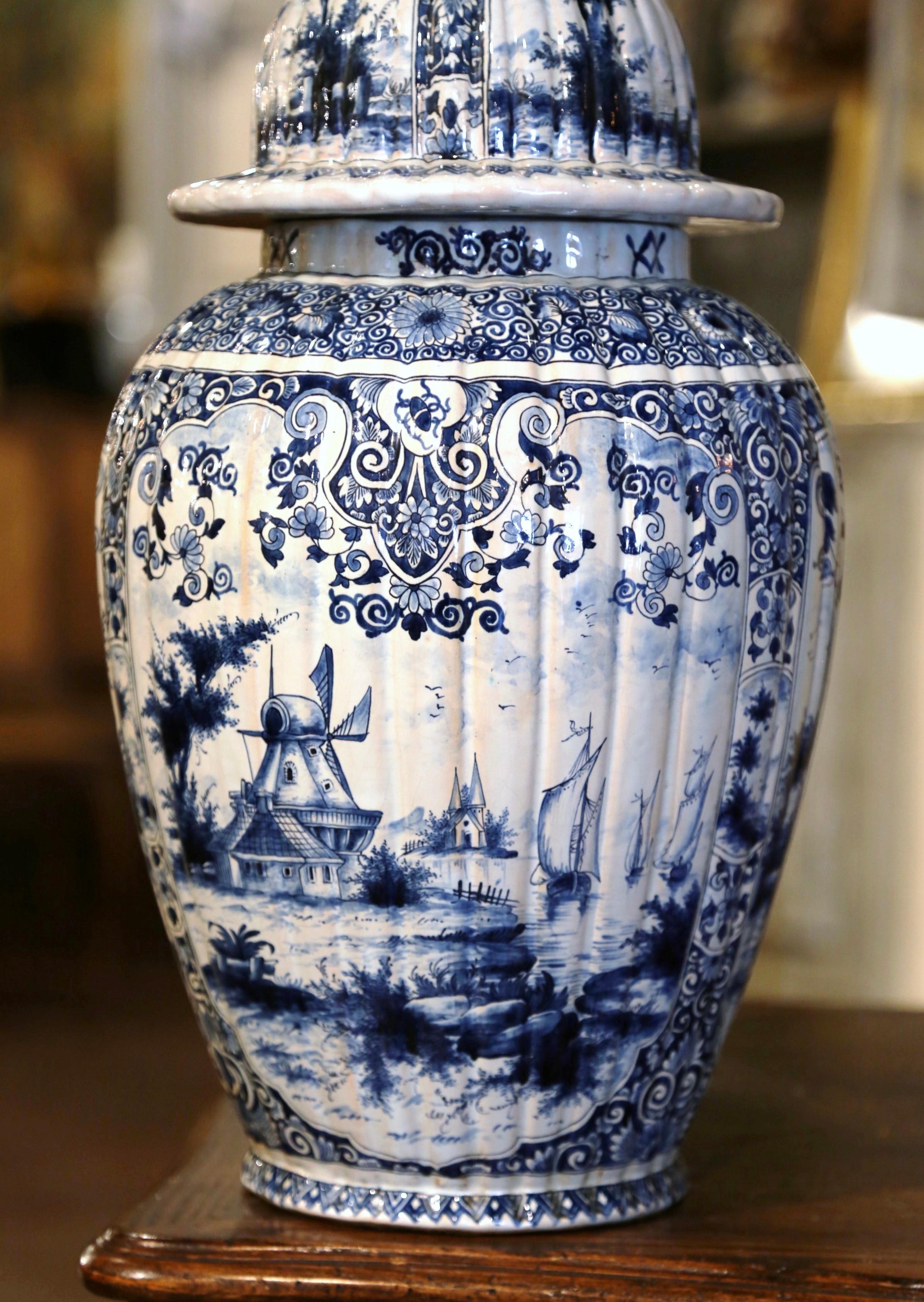 Ceramic  18th Century French Blue and White Hand Painted Faience Delft Potiche with Lid
