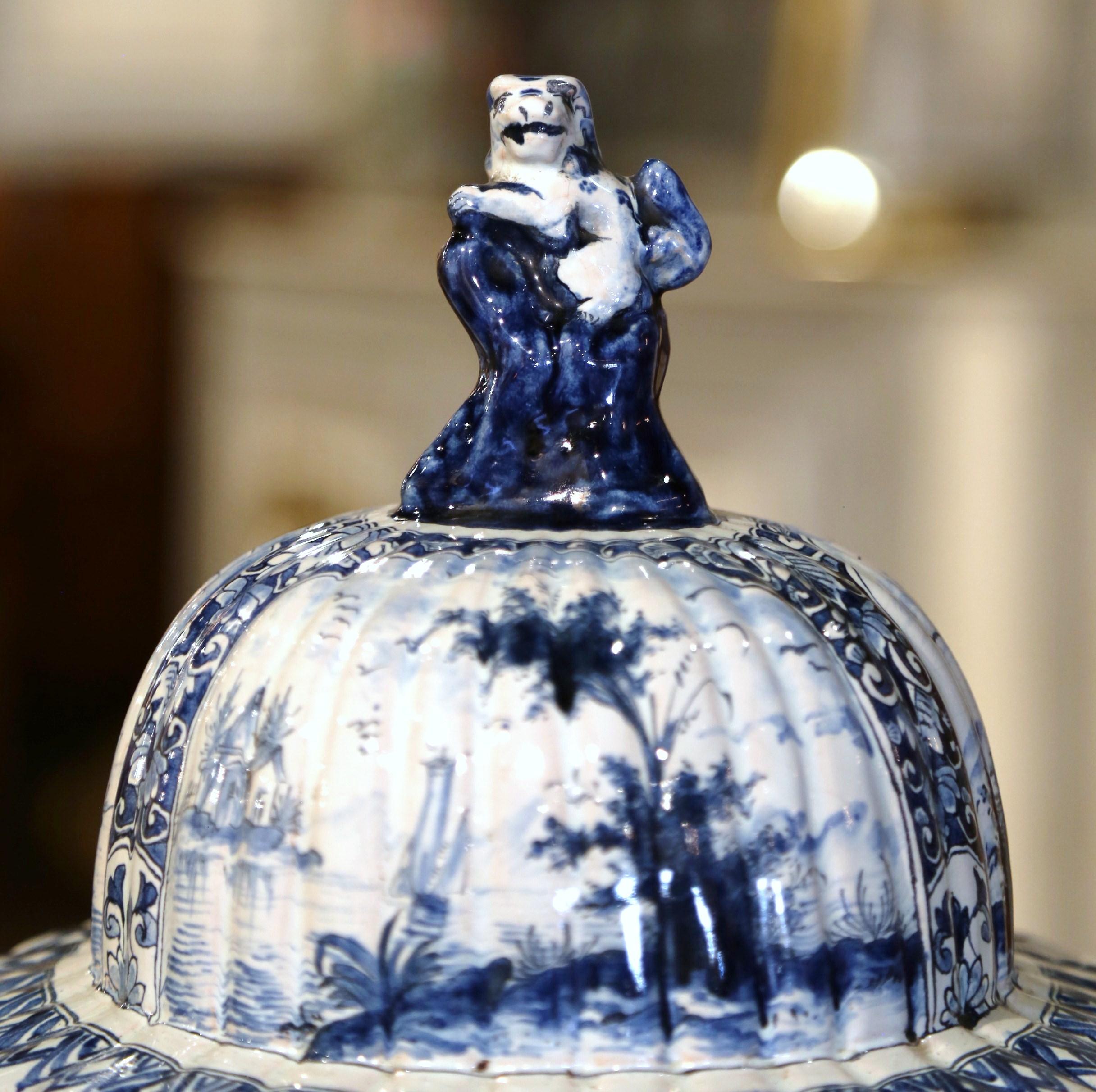  18th Century French Blue and White Hand Painted Faience Delft Potiche with Lid 1