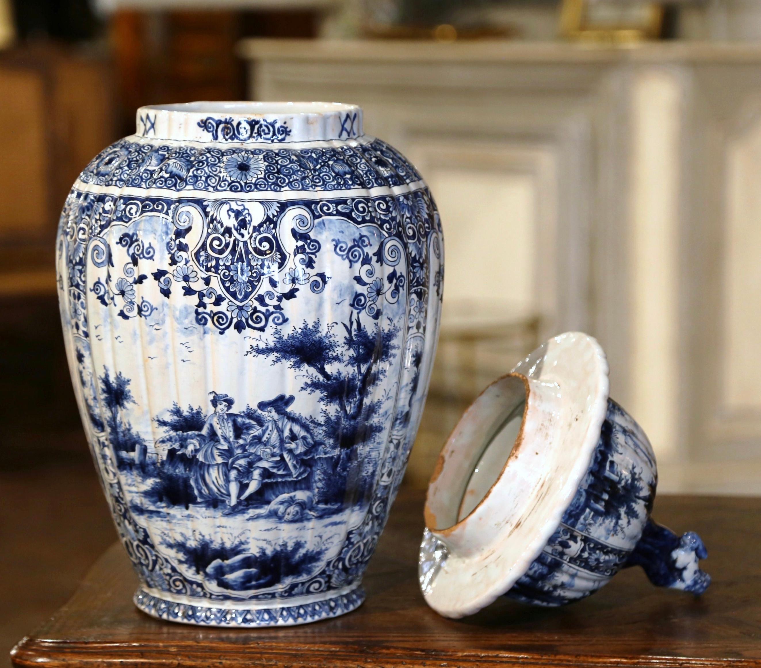 18th Century French Blue and White Hand Painted Faience Delft Potiche with Lid 2