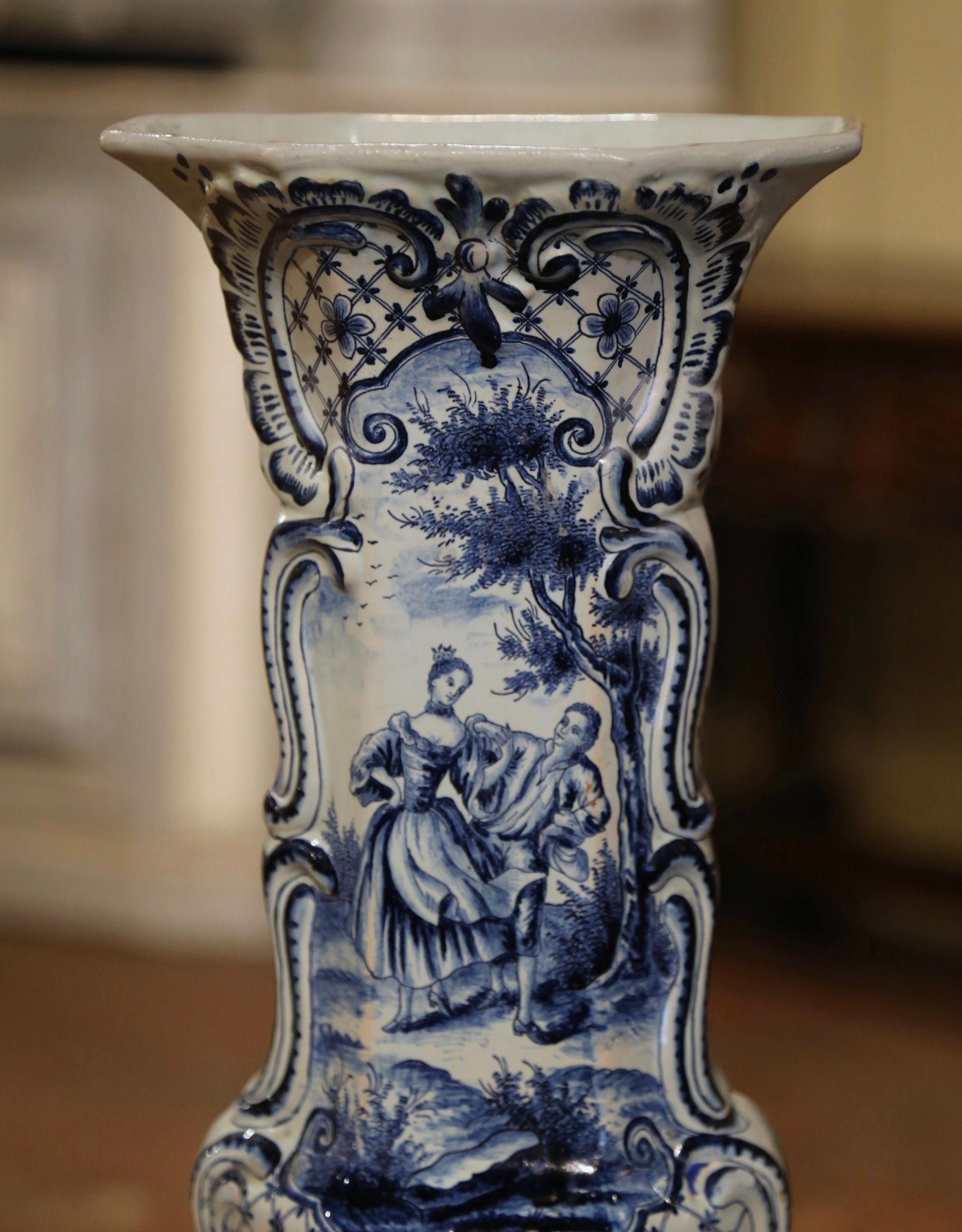 Louis XV  18th Century French Blue and White Hand Painted Faience Delft Vase For Sale