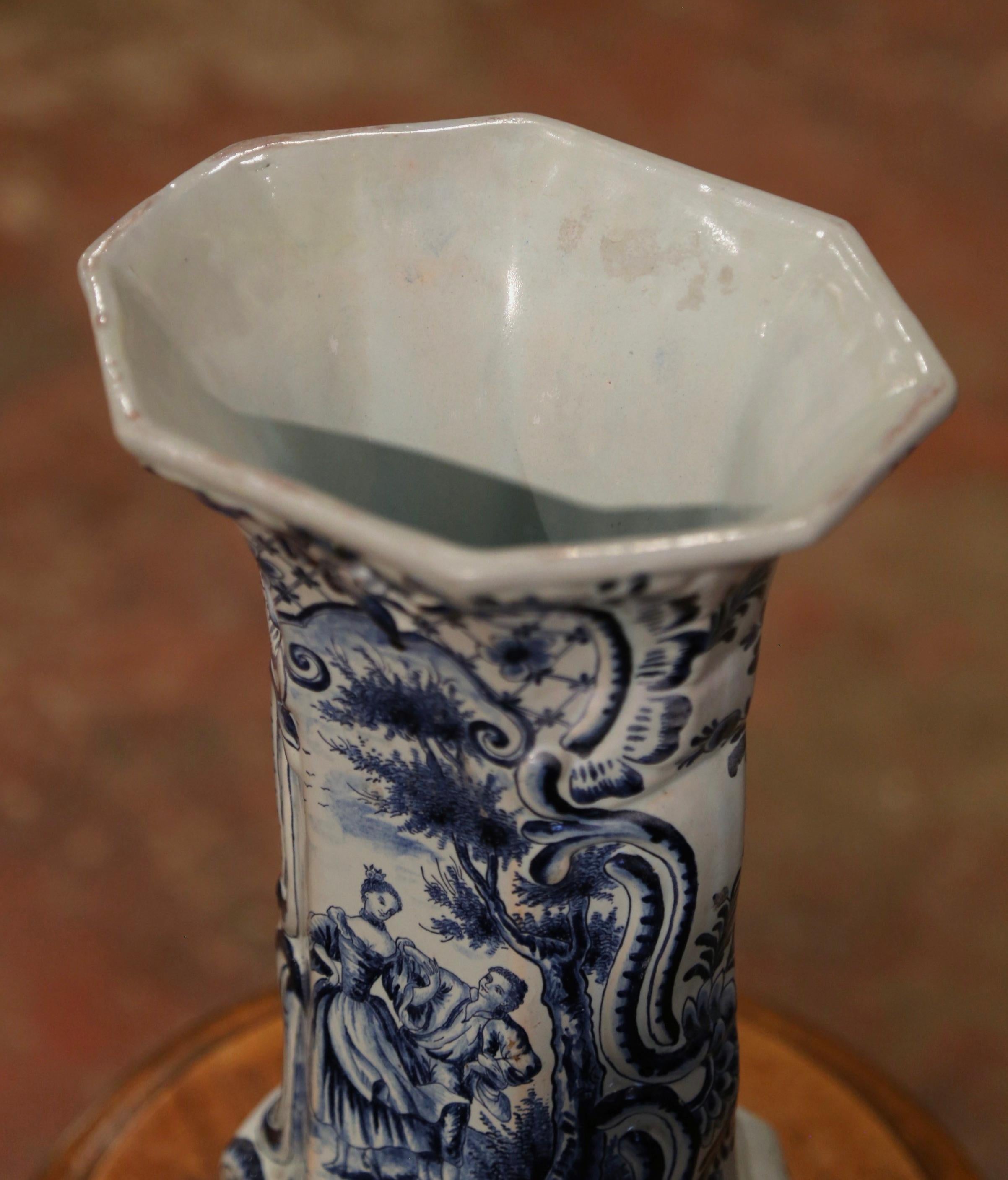 Ceramic  18th Century French Blue and White Hand Painted Faience Delft Vase For Sale