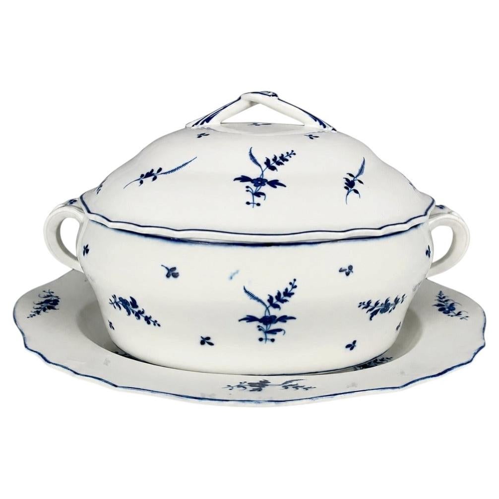 18th Century French Blue and White Porcelain Soup Tureen with Stand Arras