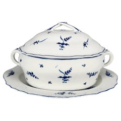 18th Century French Blue and White Porcelain Soup Tureen with Stand Arras