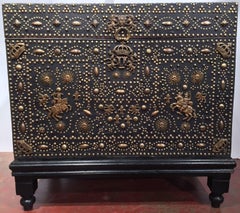 18th Century French Bombe Leather Trunk with Bronze Mounts and Decorative Nails