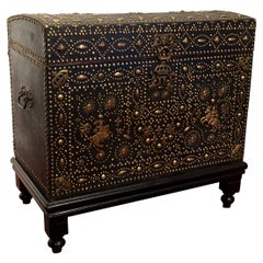18th Century French Bombe Leather Trunk with Bronze Mounts and Decorative Nails