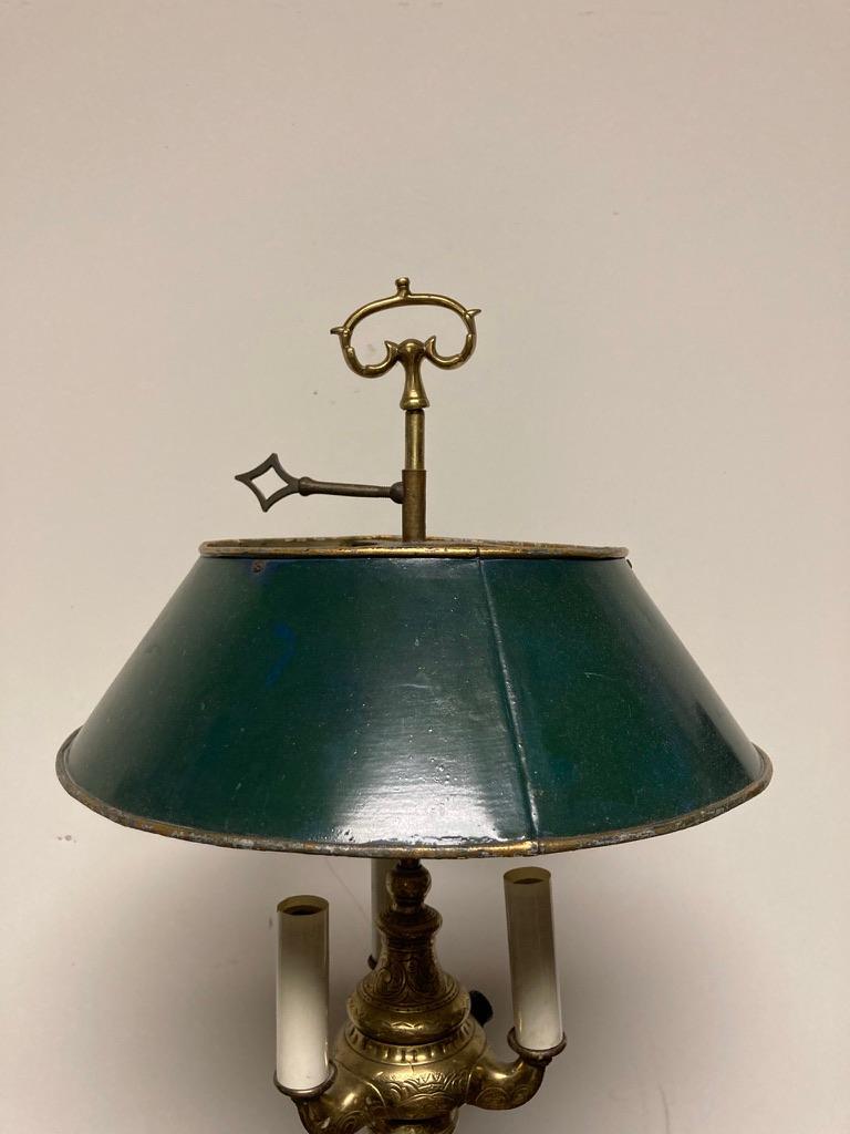 19th Century French Bouillotte Lamp with Green Tole Shade In Good Condition For Sale In Stamford, CT