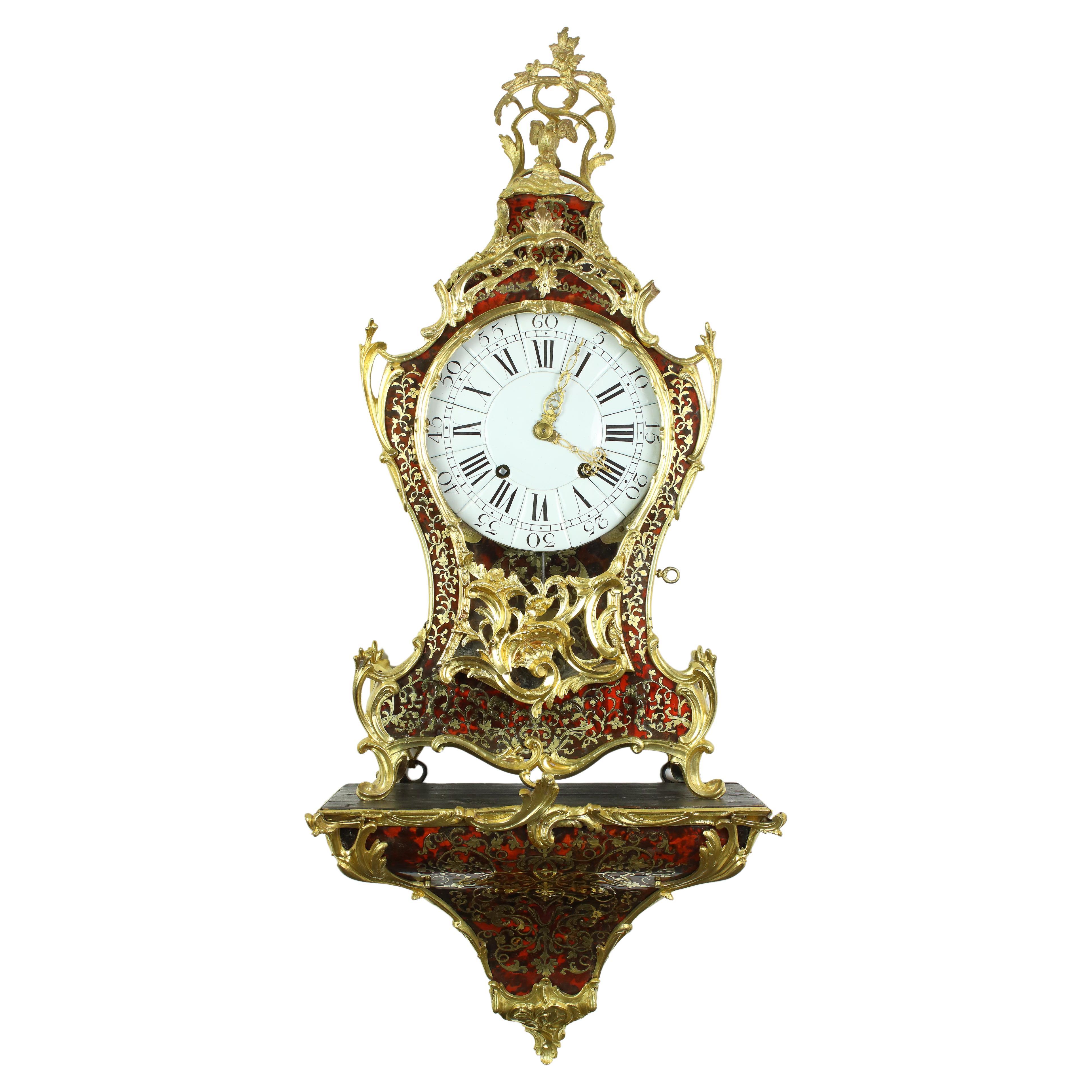 Reloj Consola de Pared de Bronce Dorado Boulle Francés del Siglo XVIII, Firmado "Gribelin"
