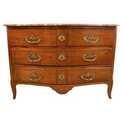 18th-Century French Bow Front Marquetry Walnut & Marble Top Provincial Commode