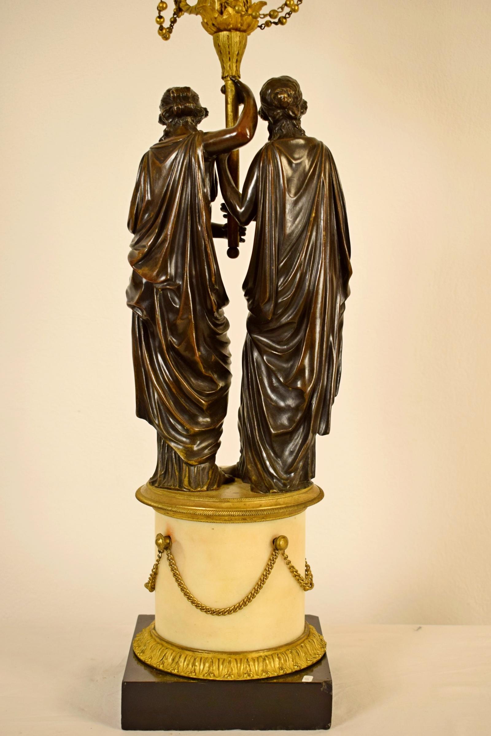 Louis XVI 18th Century, French Bronze Three-Light Candelabra with Female Figures For Sale