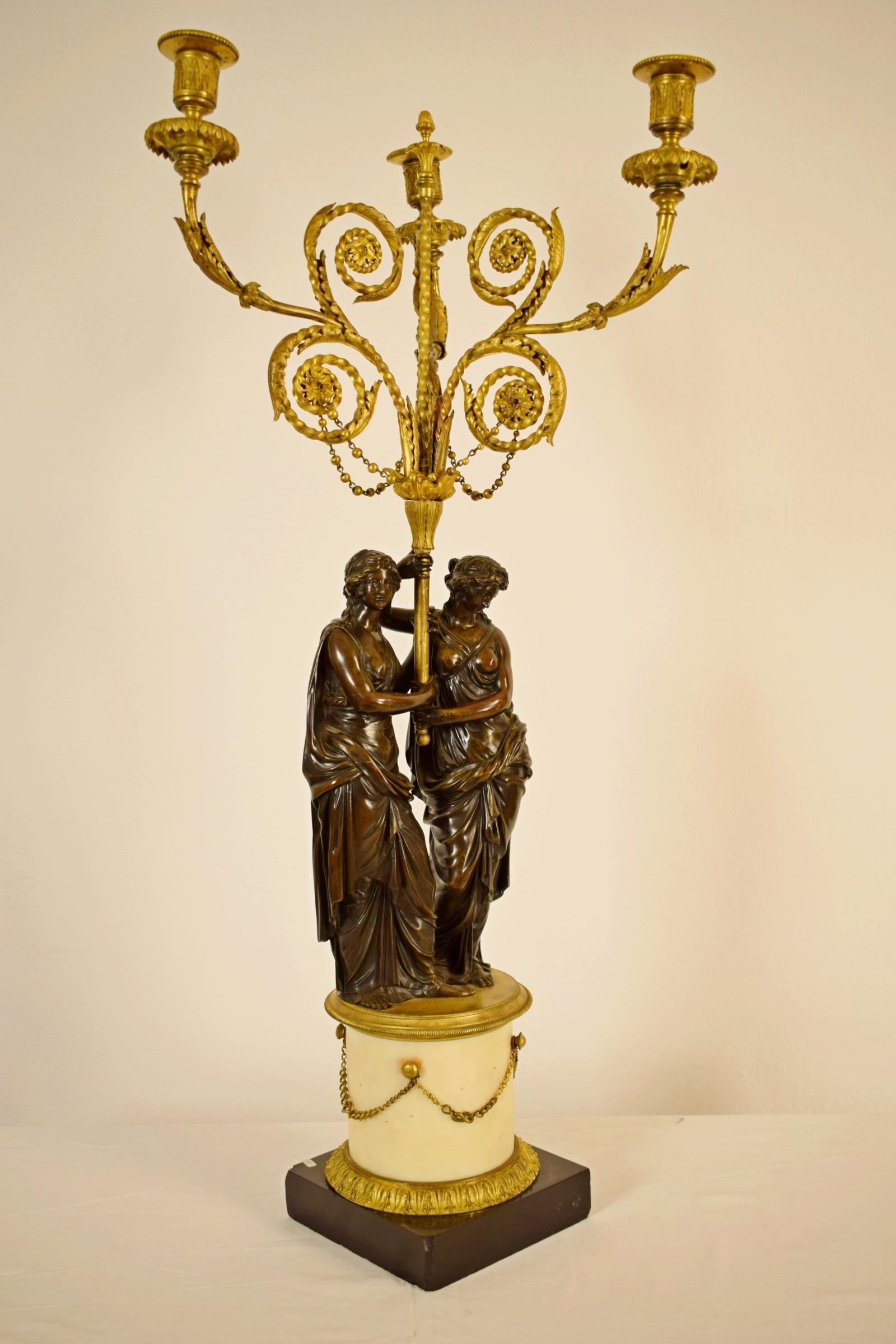 Gilt 18th Century, French Bronze Three-Light Candelabra with Female Figures For Sale
