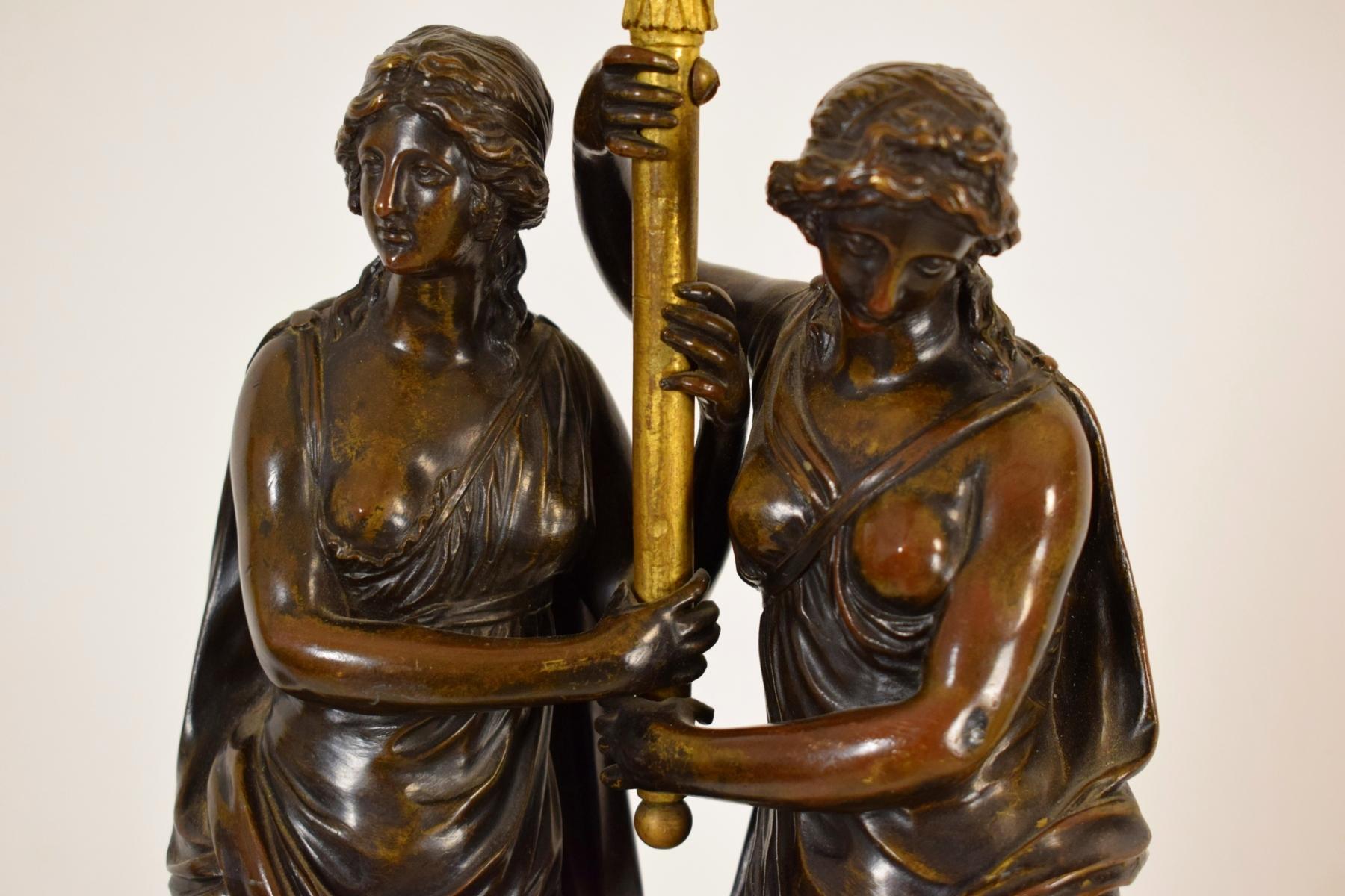Marble 18th Century, French Bronze Three-Light Candelabra with Female Figures For Sale
