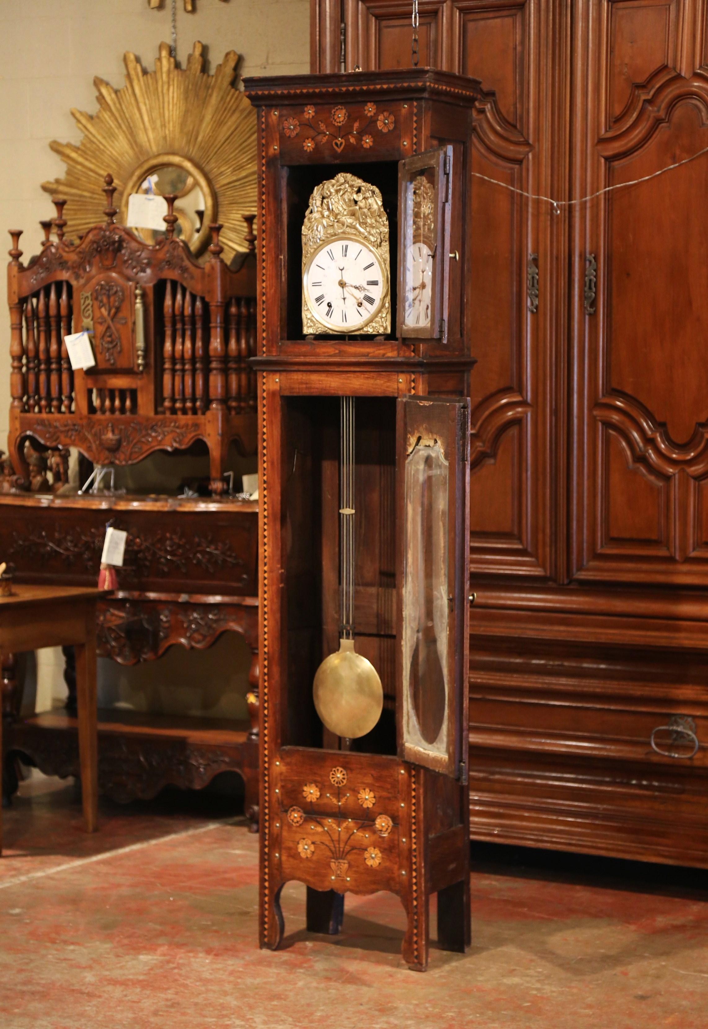 Hand-Carved 18th Century French Carved and Inlay Chestnut Grandfather Clock from Brittany