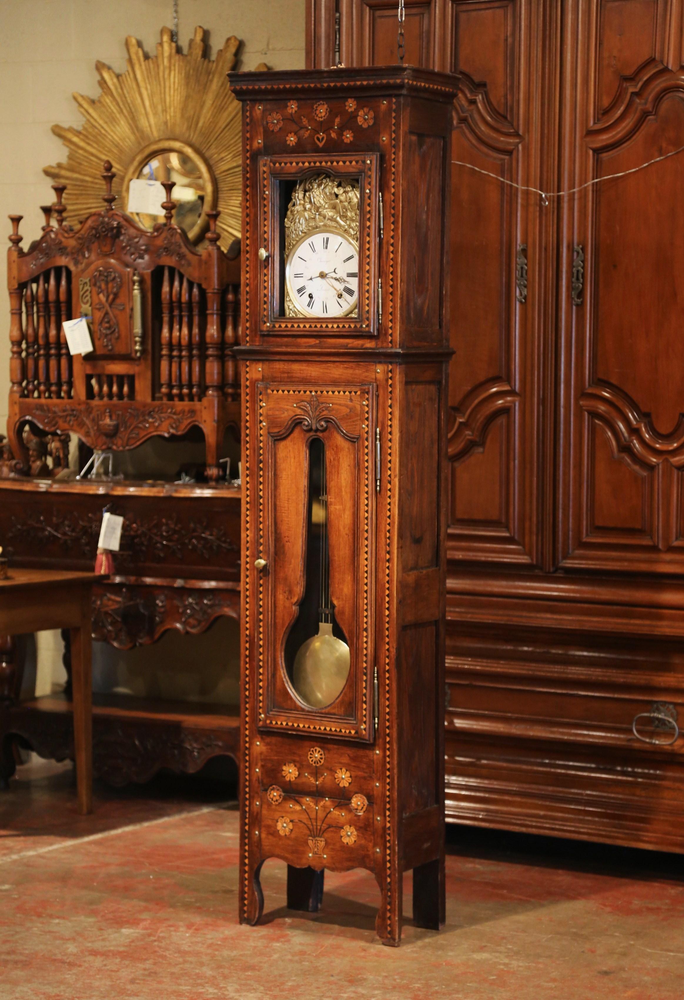 Brass 18th Century French Carved and Inlay Chestnut Grandfather Clock from Brittany